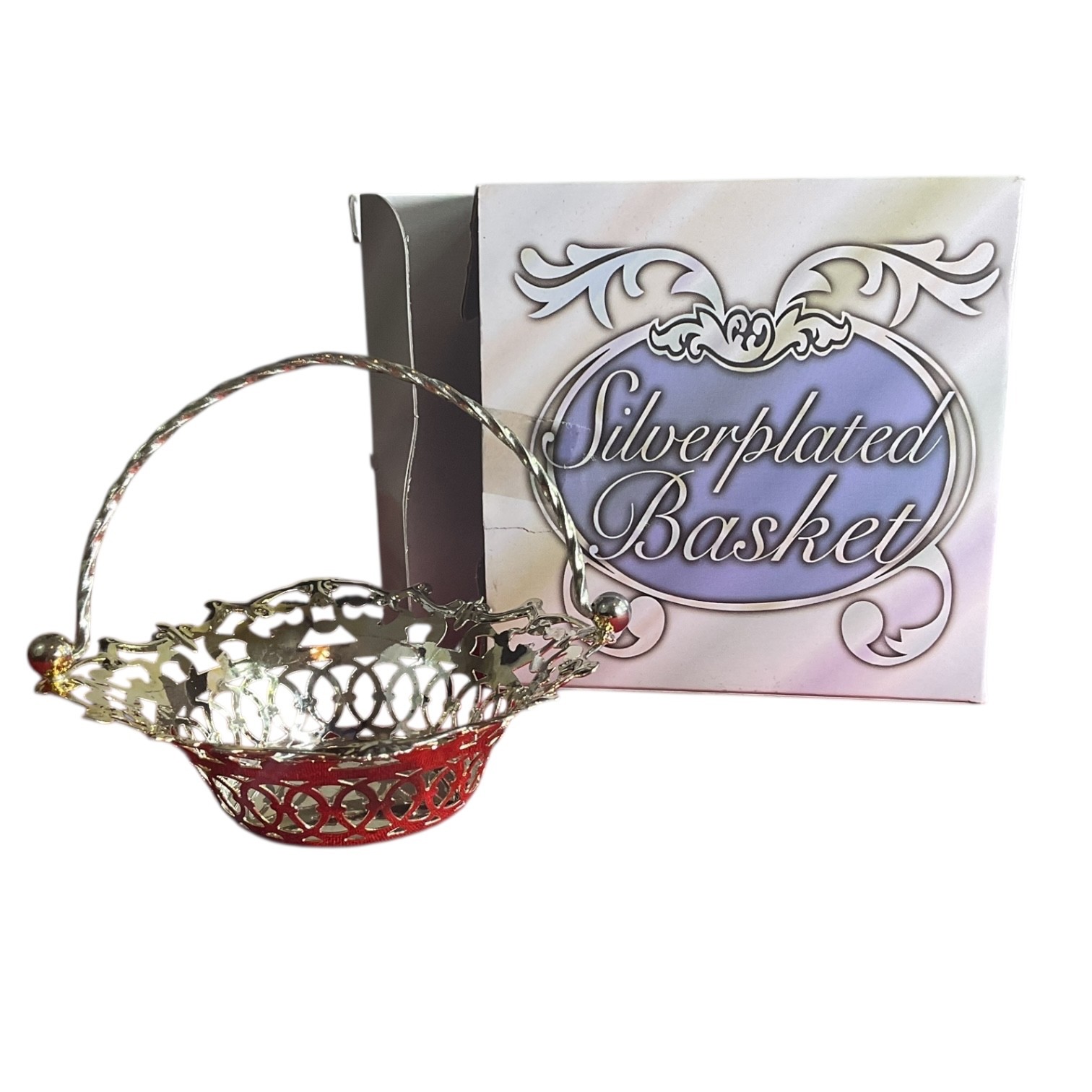 Vintage Silverplated Basket Ornate Openwork Handle Trinket Candy Dish w/ Box