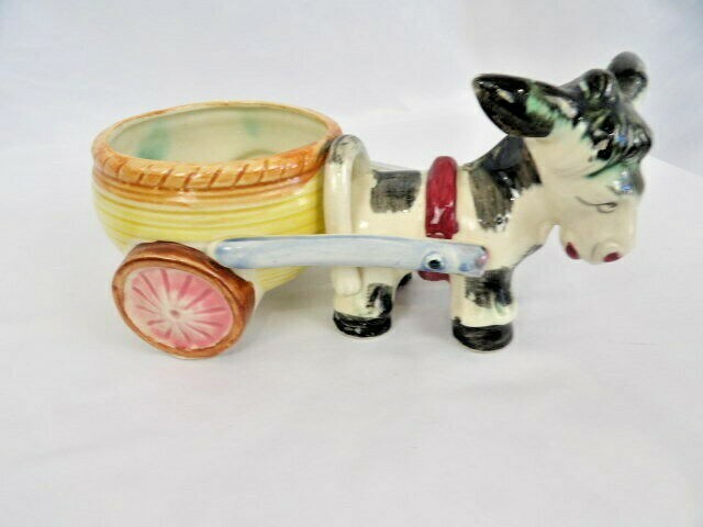 Vintage Ceramic Donkey pulling a Round Cart Planter Made in Japan