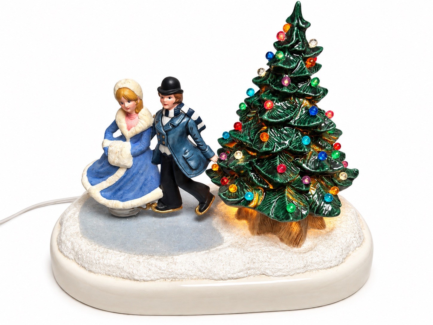 Vintage Ceramic Lighted Christmas Tree Music Box Ice Skaters Christmas Decor