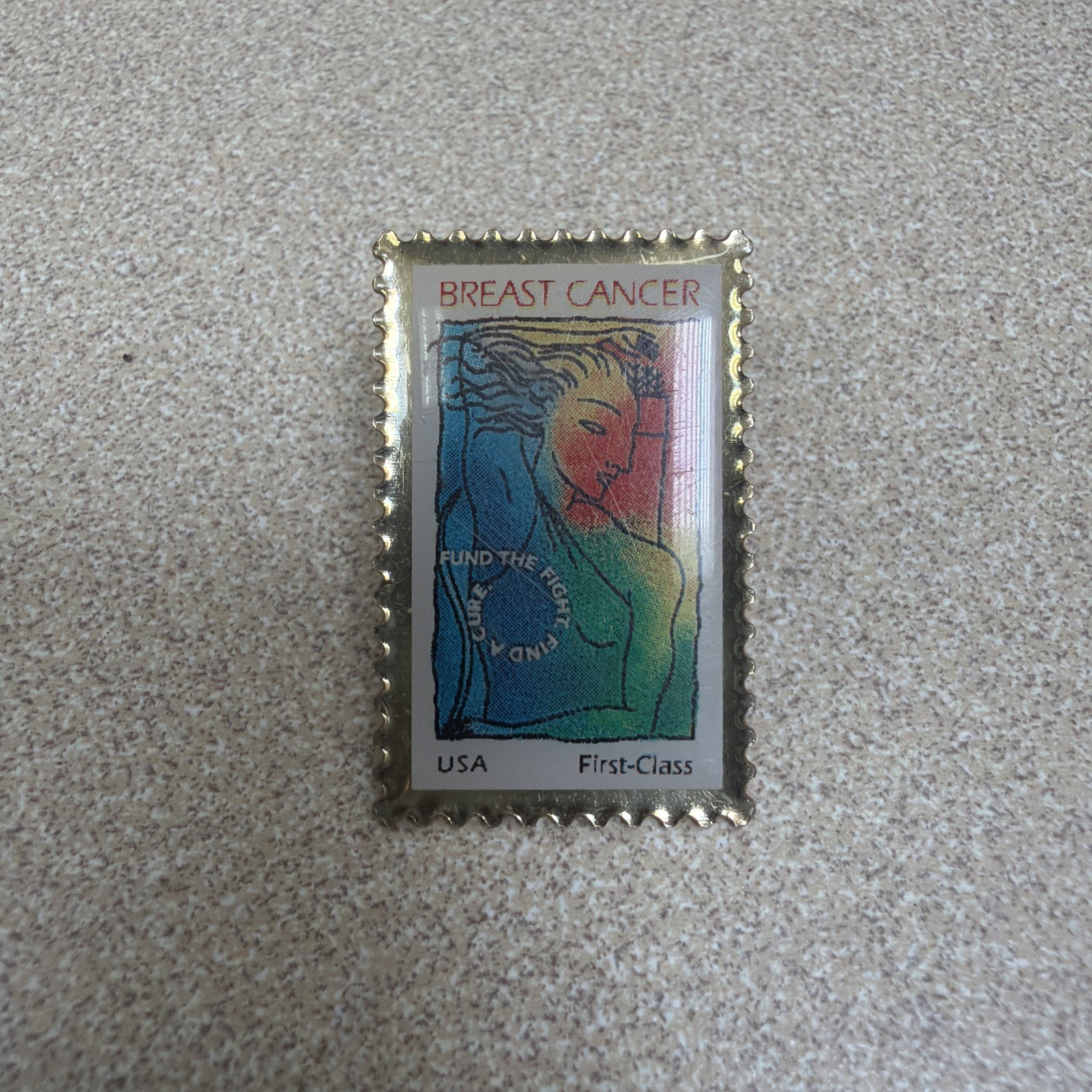 VTG 1998 Breast Cancer Awareness Stamp-Shaped Pinback 1.25