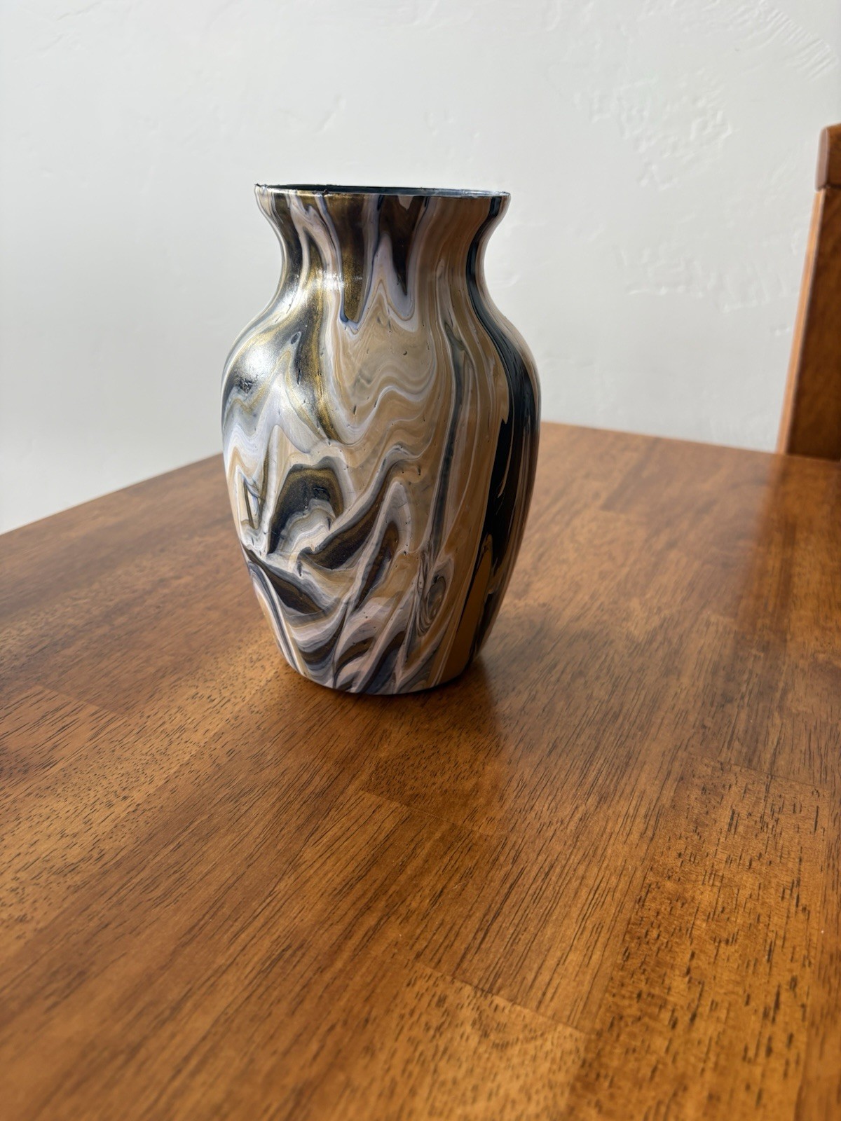 Hand Painted Glass Vase. It Is Painted with Dark Blue White and Gold. 7.5 Inch