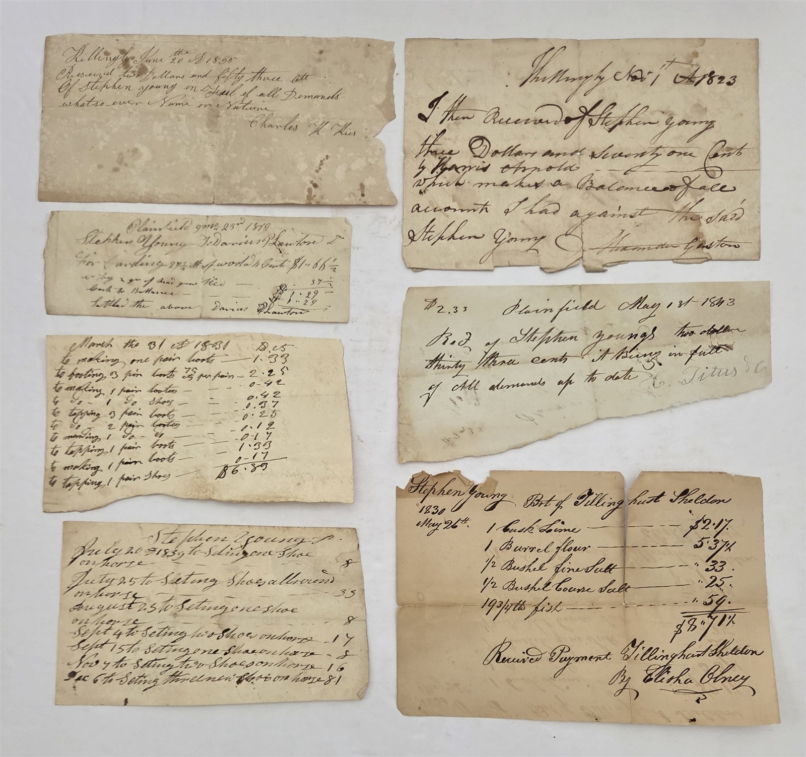 1830 antique STEPHEN YOUNG plainfield vt RECEIPTS farrier blacksmith sterling ct