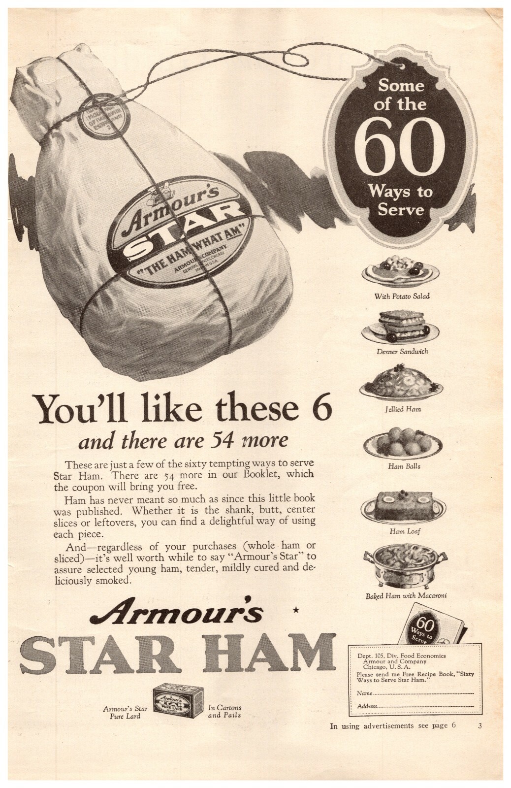 1925 Armour\'s Star Ham Vintage Print Ad Some Of The 60 Ways To Serve