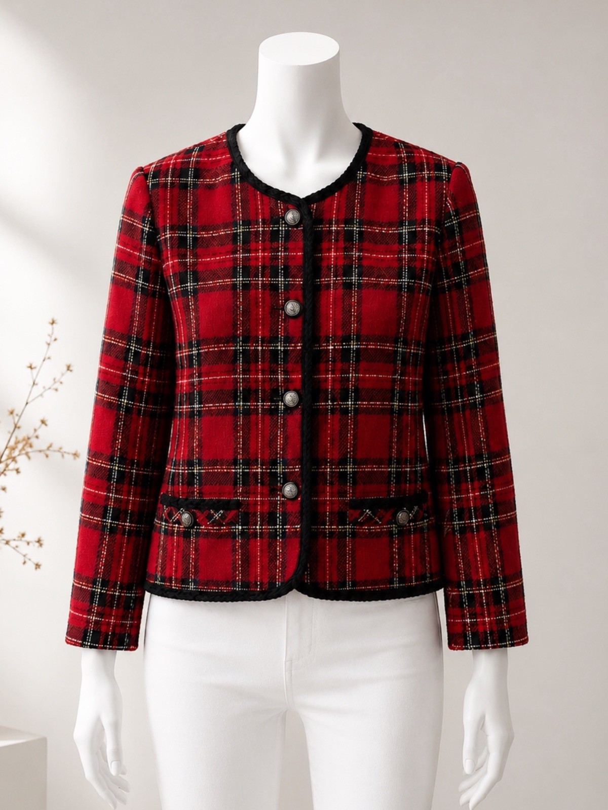 Petite Sophisticate Vintage 80s 90s Red Plaid Blazer Cropped Jacket Size 8