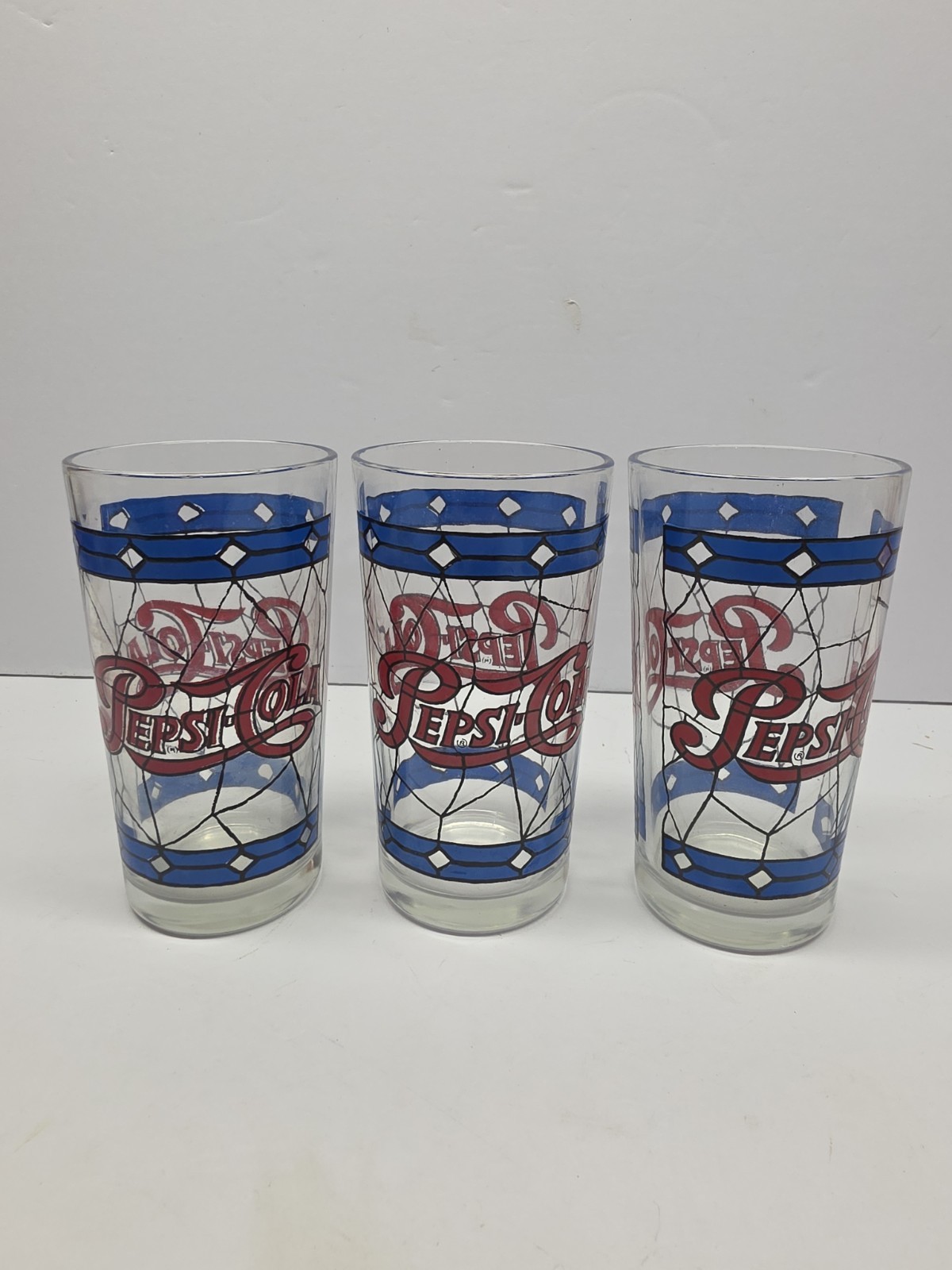 Vintage Pepsi Cola Glasses Set of 3 Tiffany Style Stained Glass Soda Advertising Vintage Pepsi Cola Glasses Set of 3 Tiffany Style Stained Glass Soda Advertising