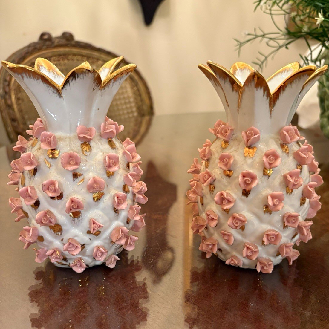 Vintage Lefton China Pineapple Vases Pair Applied Pink Roses Gold KW7283 Japan