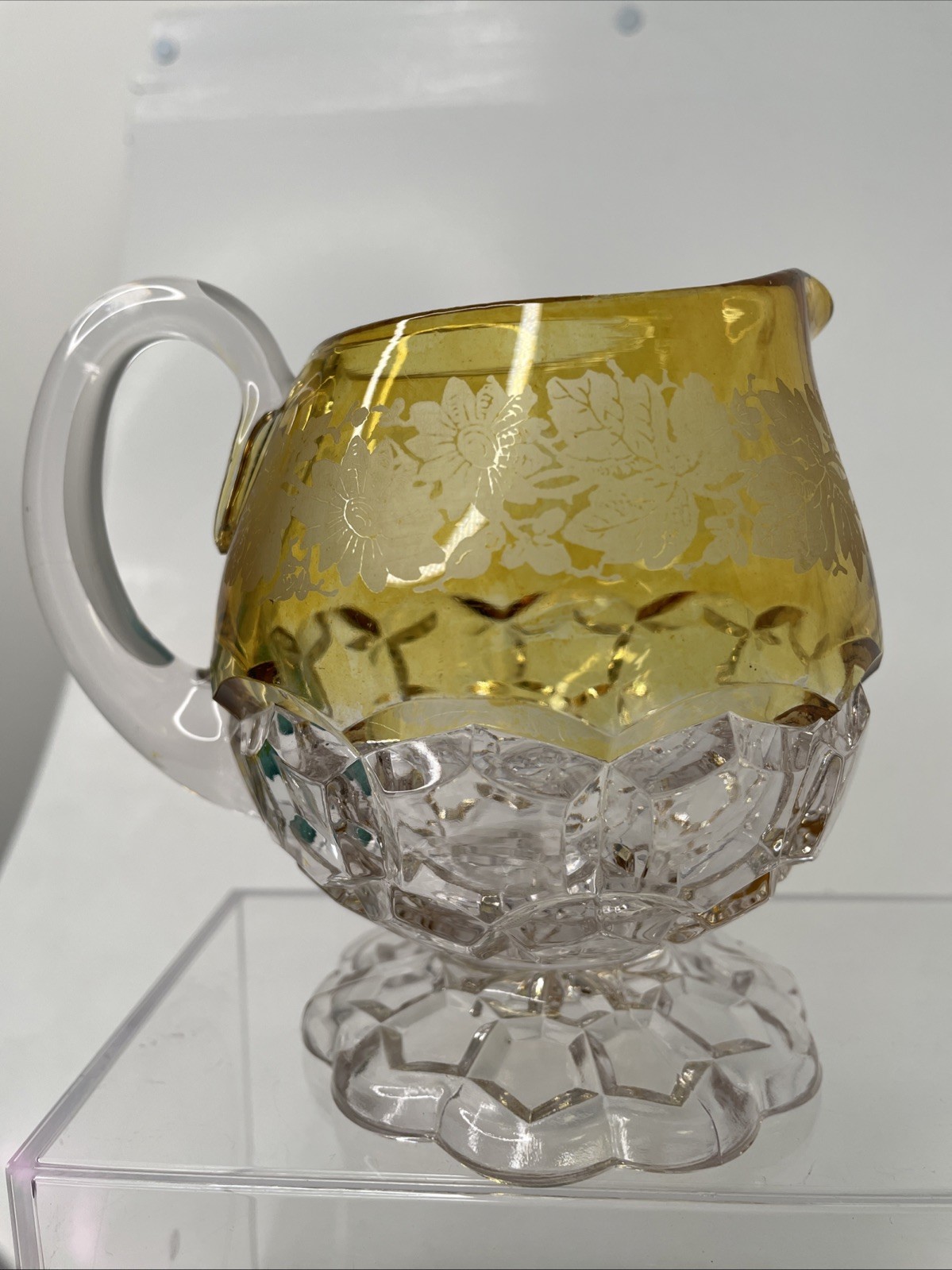 Hobbs Glass Co Hexagon Block 1889 EAPG Yellow Clear Etched #335 Creamer Pitcher