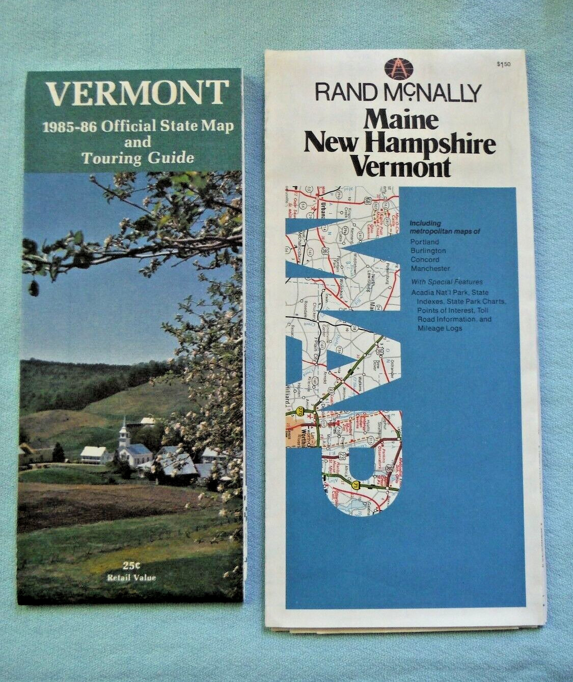 2 Vintage Vermont State Folding Paper Maps 1985-86 Rand McNally