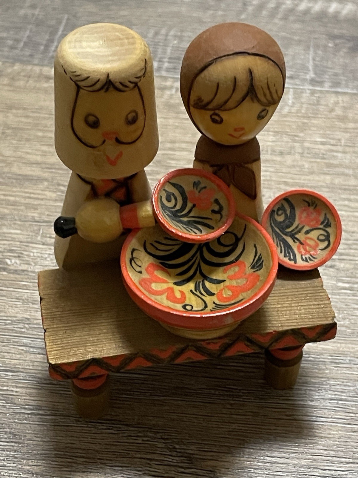 Vintage USSR Wooden Folk Art Figurines “Dinner” 1986 Soviet Hand Painted Russian