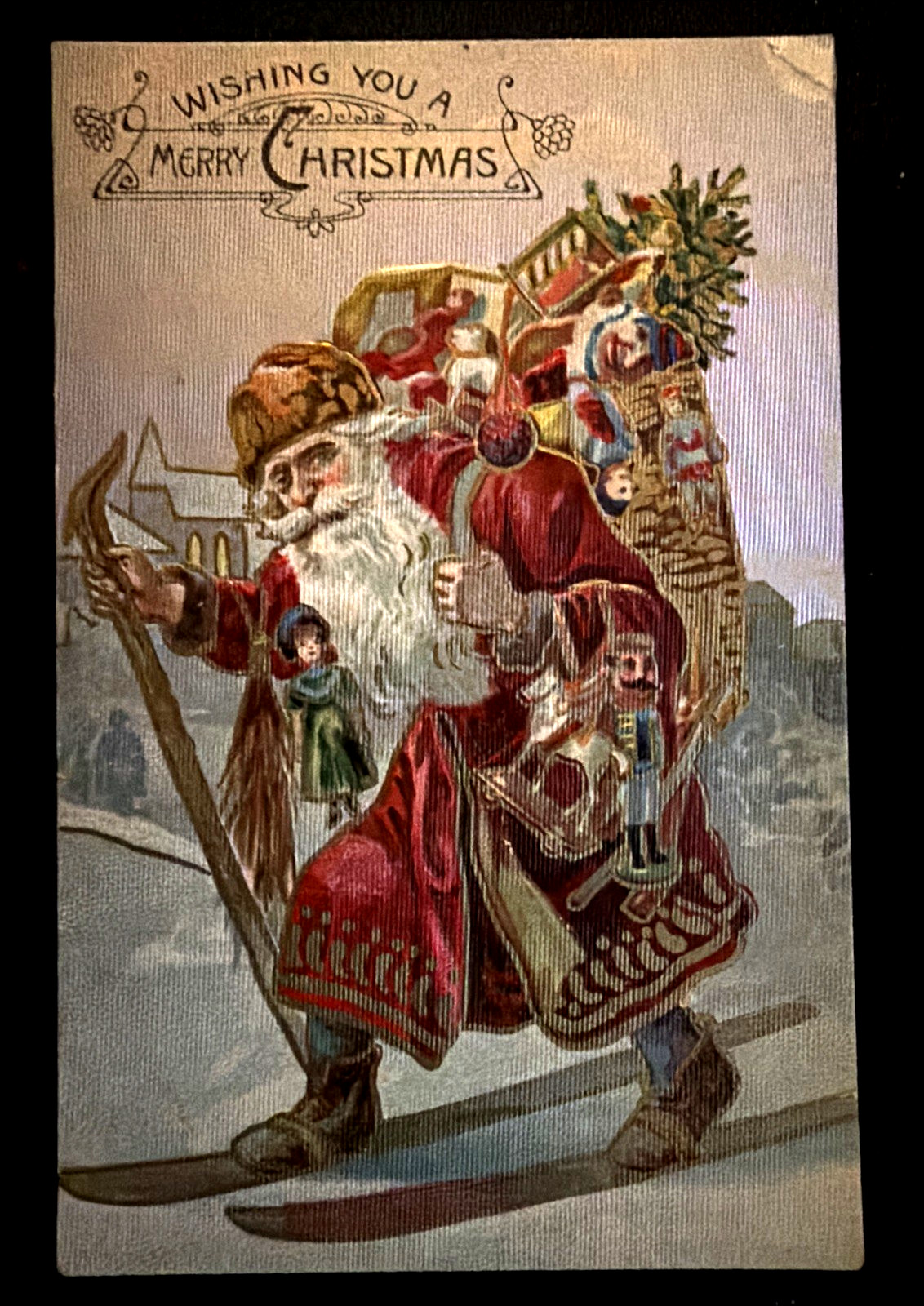 Rare~Santa Claus Delivering Toys on Skiis Skiing Antique Christmas Postcard~s567