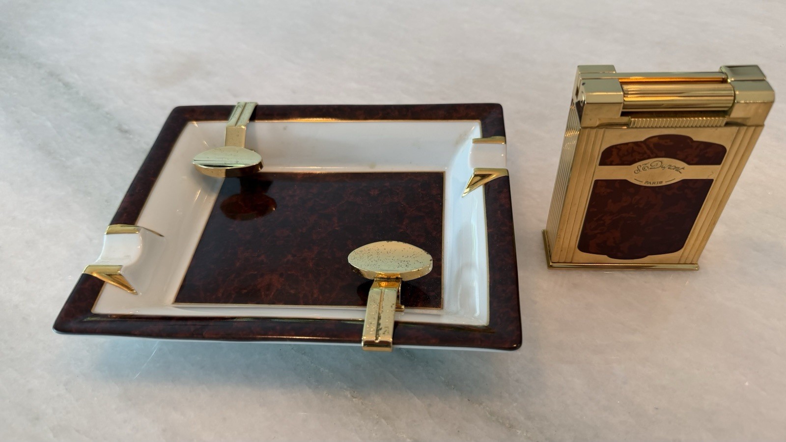 S.T. Dupont Jeroboam Table Lighter With Porcelain Matching Ashtray