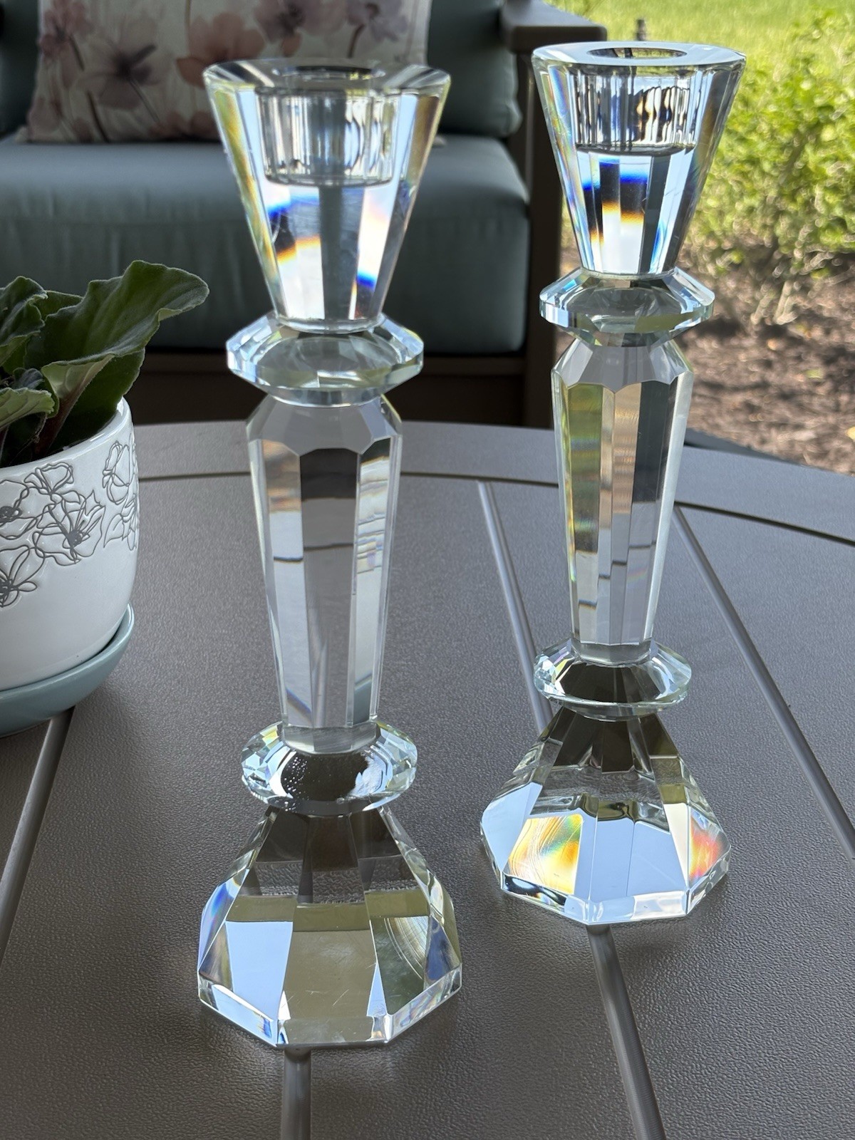 Vintage Brilliant Cut Crystal 10” Tall Faceted Taper Candlesticks Pair Heavy