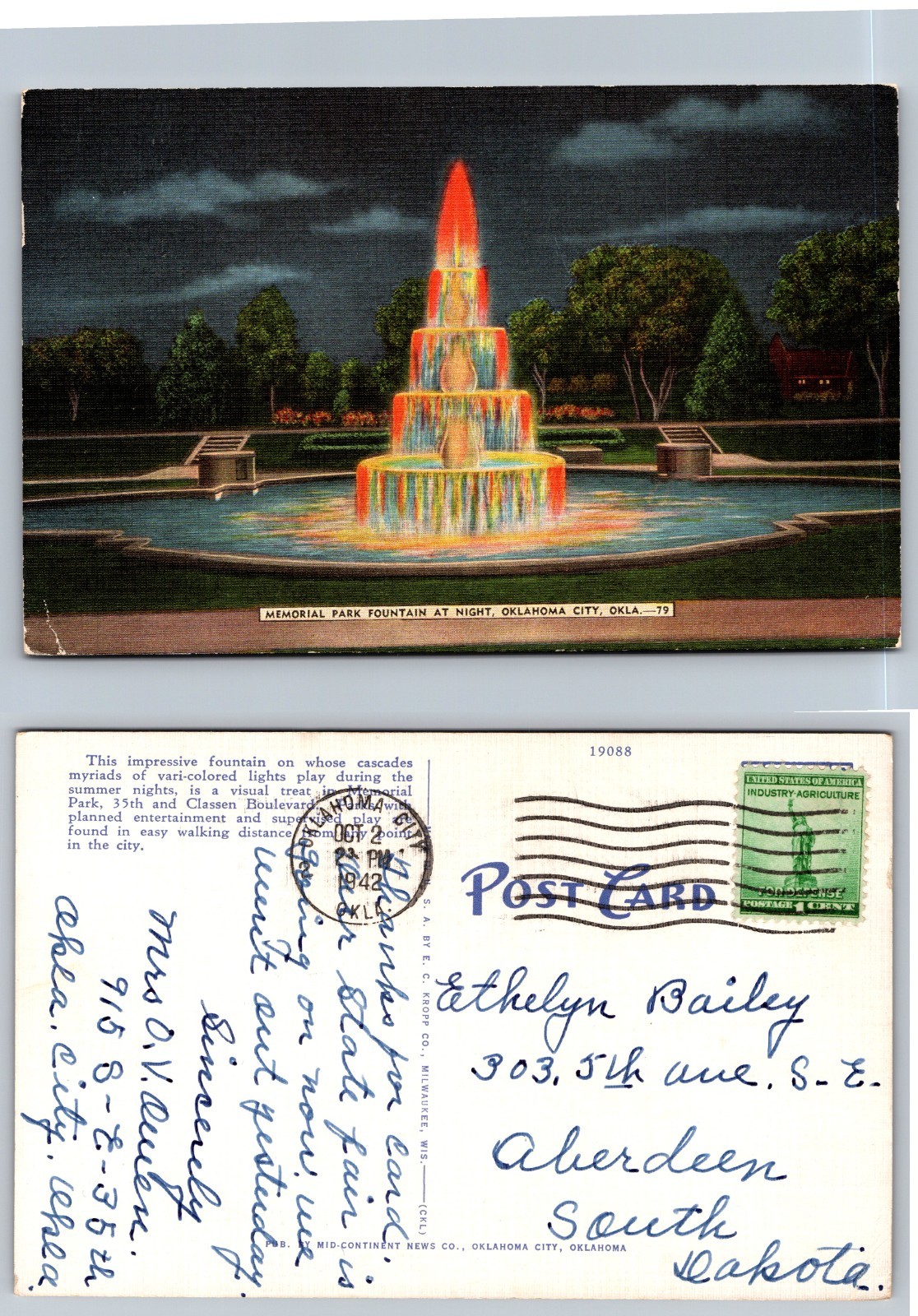 Illuminated Fountain Oklahoma City Oklahoma Postcard