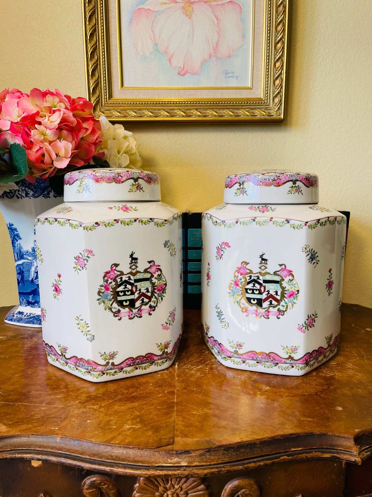Large Pair Set Vintage Asian Pink Floral Porcelain Ginger Jars