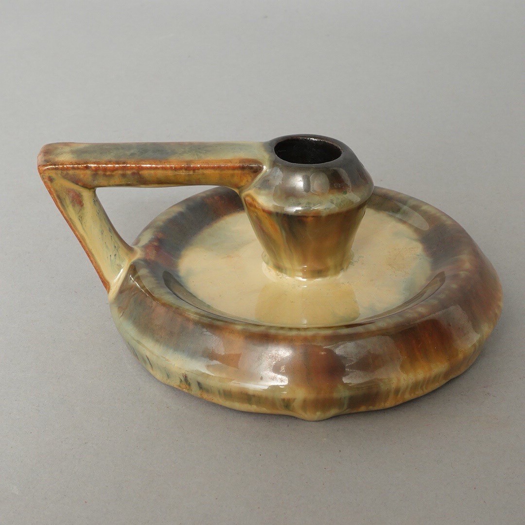 Antique Fulper Pottery Chamberstick Mission Candlestick Spot Flambe Green 1920s