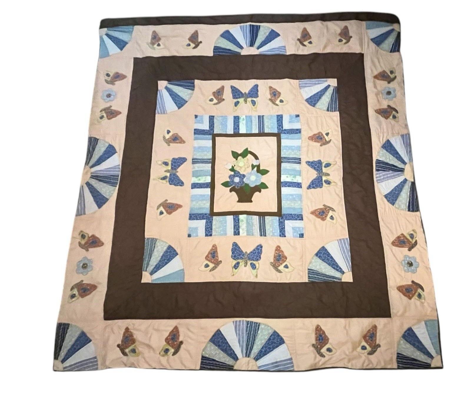 Vintage Grandmother's Fan Butterfly Patchwork Quilt Basket Full/Queen 89”x80”