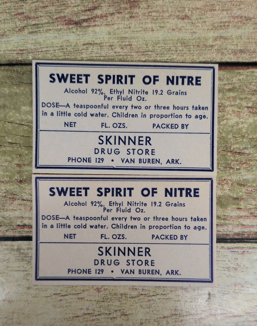 NOS 2 Vintage Skinner Drug Sweet Spirt Of Nitrate Pharmacy Label Van Buren ARK