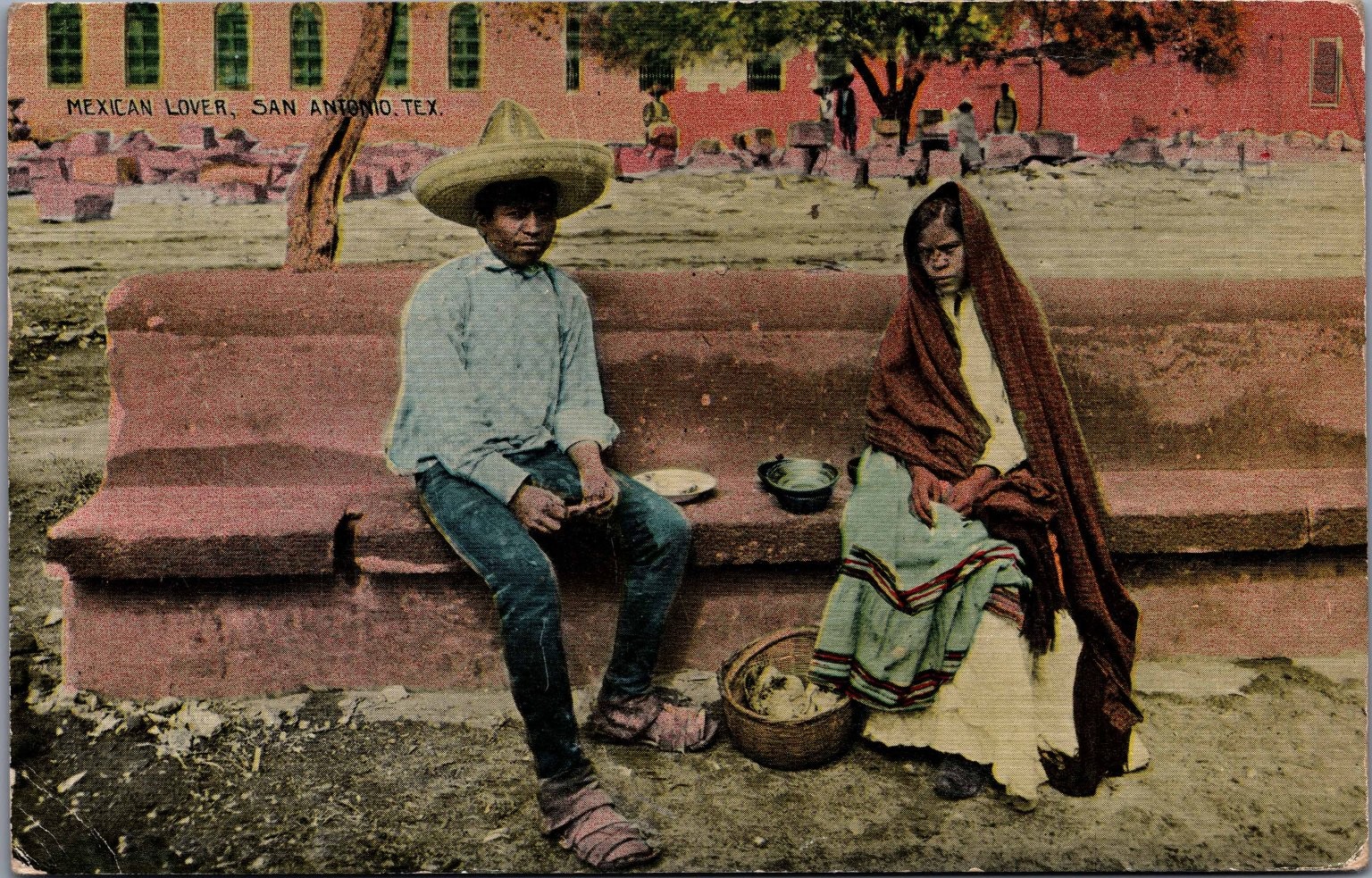 1911 San Antonio TX Mexican Lover Couple Sombrero Postcard Hand Tinted