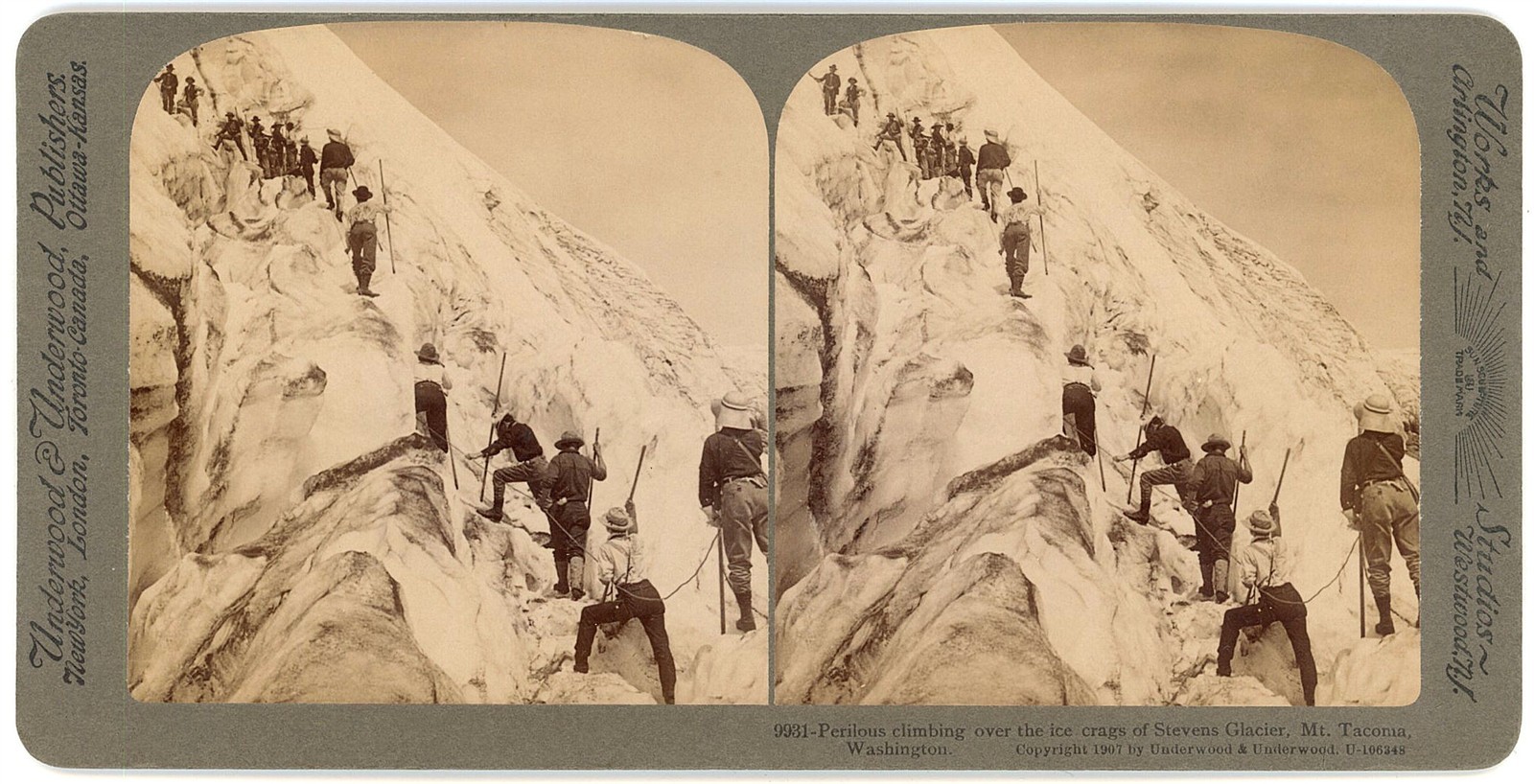 WASHINGTON STEREOVIEW - Mt Rainier - Stevens Glacier - Underwood c1907