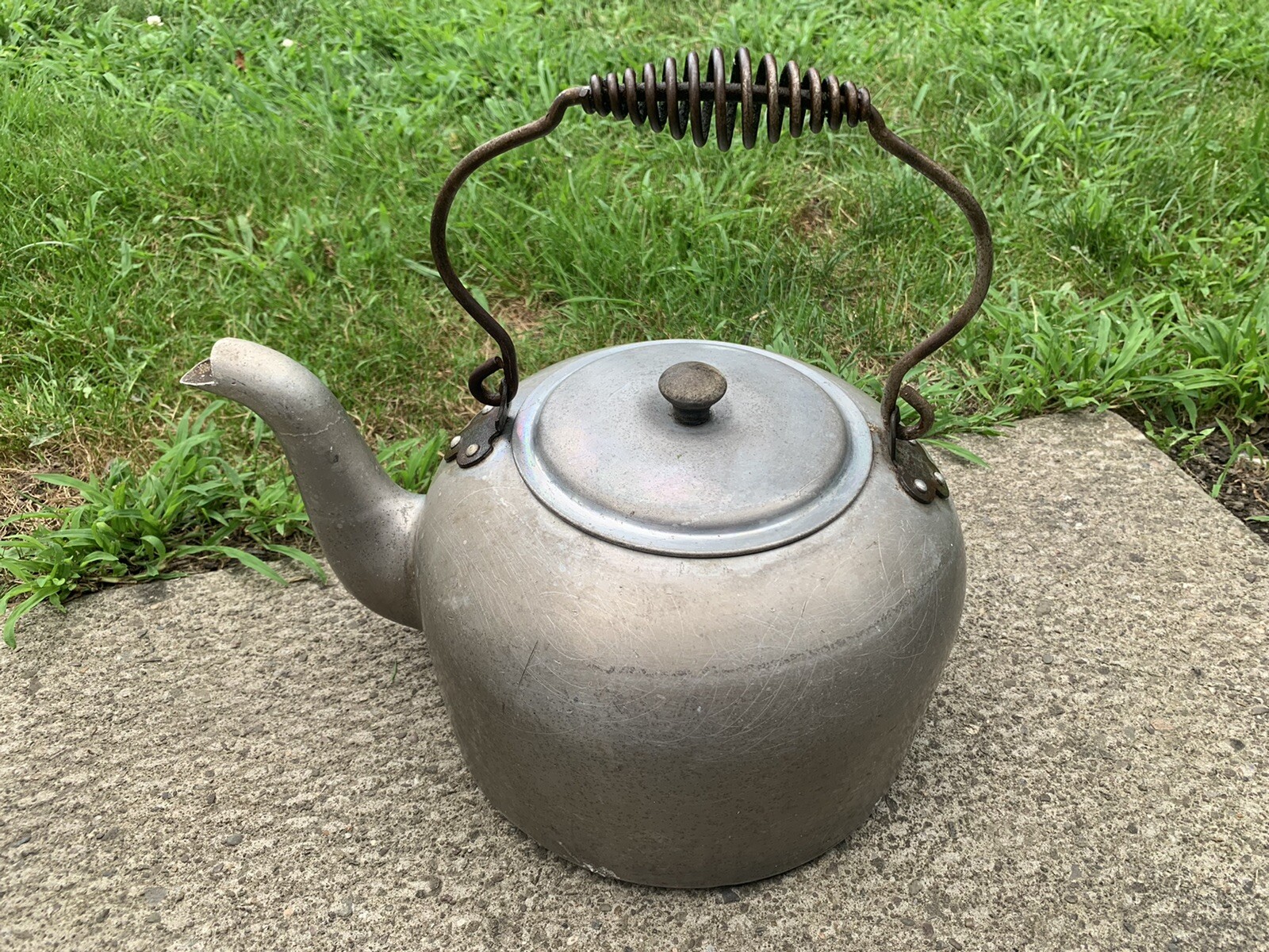 Antique T.A.C.U. Co. Aluminum Kettle Teapot w/ Wire Handle Pat. 1891 Vintage