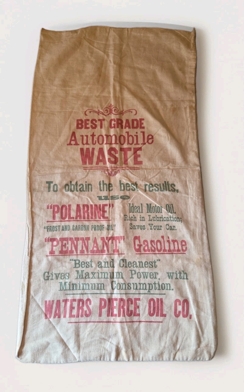 Rare Antique 1910s Waters Pierce Oil Co Automobile Waste Cloth Bag Sign Petrolia Rare Antique 1910s Waters Pierce Oil Co Automobile Waste Cloth Bag Sign Petrolia