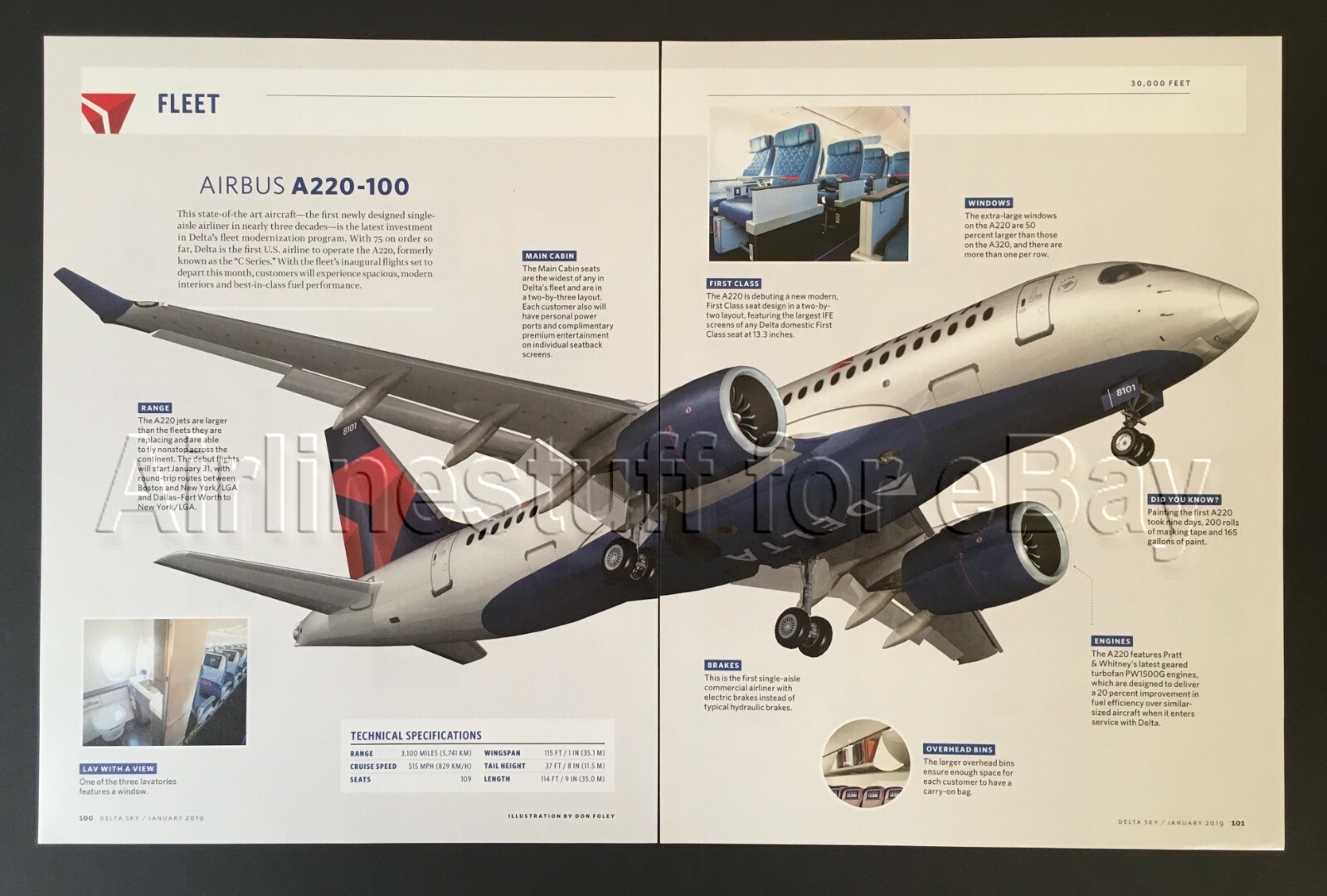 2019 DELTA AIR LINES Airbus A220-100 jet cutaway AD airlines airway advert CS100
