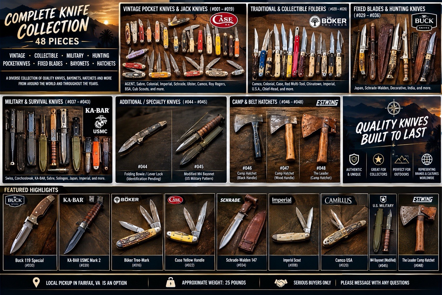 Complete 48 Piece Vintage Knife, Bayonet, & Hatchet Collection - Buck Ka-bar