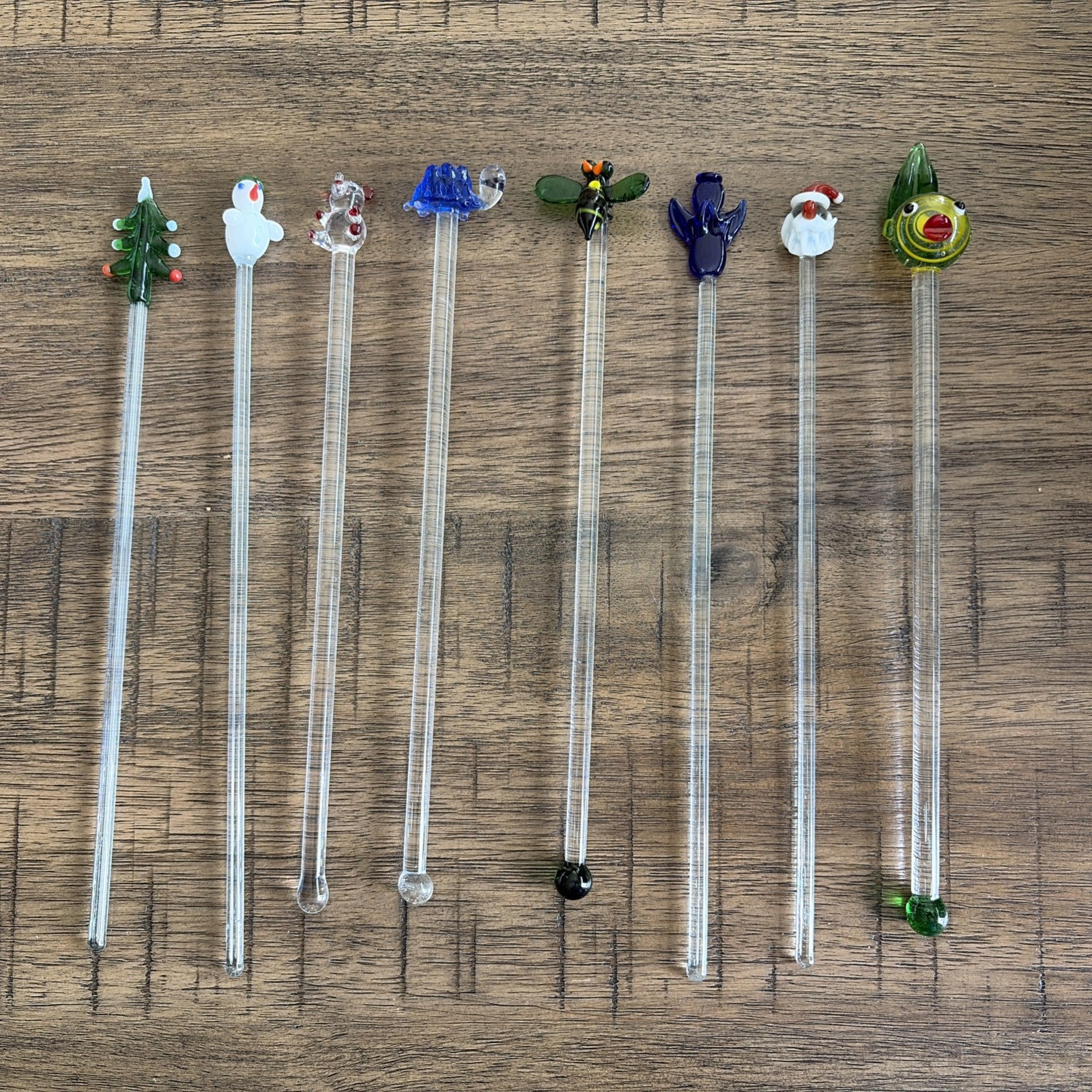 Vintage MCM Hand Blown Art Glass Swizzle Sticks Set of 8 Holiday Turtle Fish