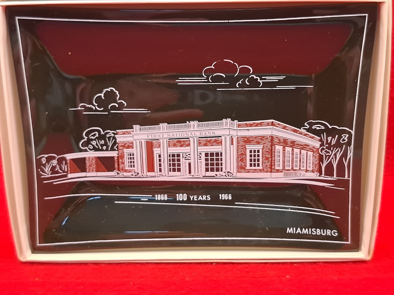 Vtg 1966 Miamisburg Ohio First National Bank Black Glass Trinket Tray