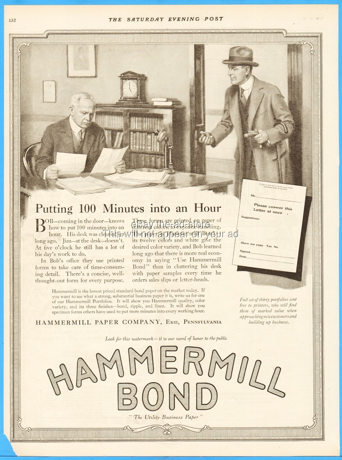 1919 Hammermill Paper Company Ad Erie PA Vintage Putting 100 Hours into an Hour