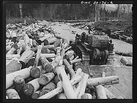 Photo:Maine 1930s Pulpwood Drive Bulldozer Clearing Logs Brown Company