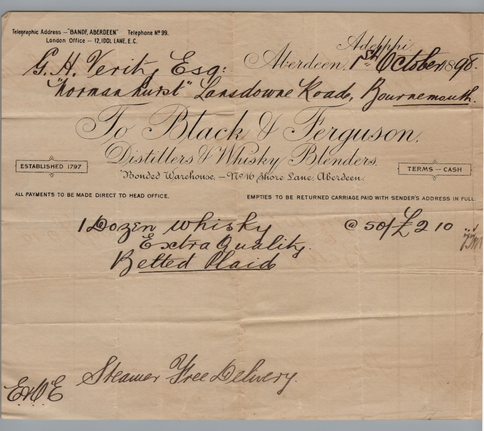 1898  Billhead Black & Ferguson, Distillers & Whisky, Aberdeen Scotland RARE