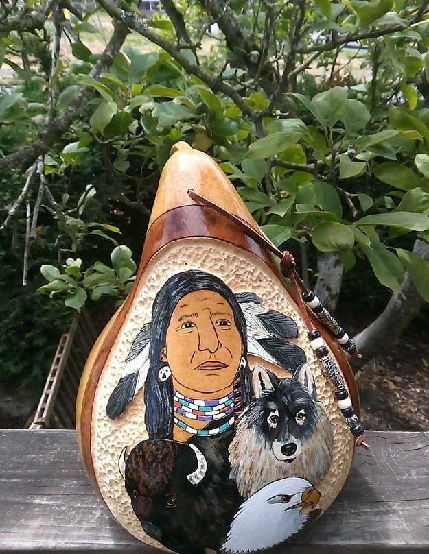 Native American Hand Painted Gourd With Beads Signed By Artist 12\