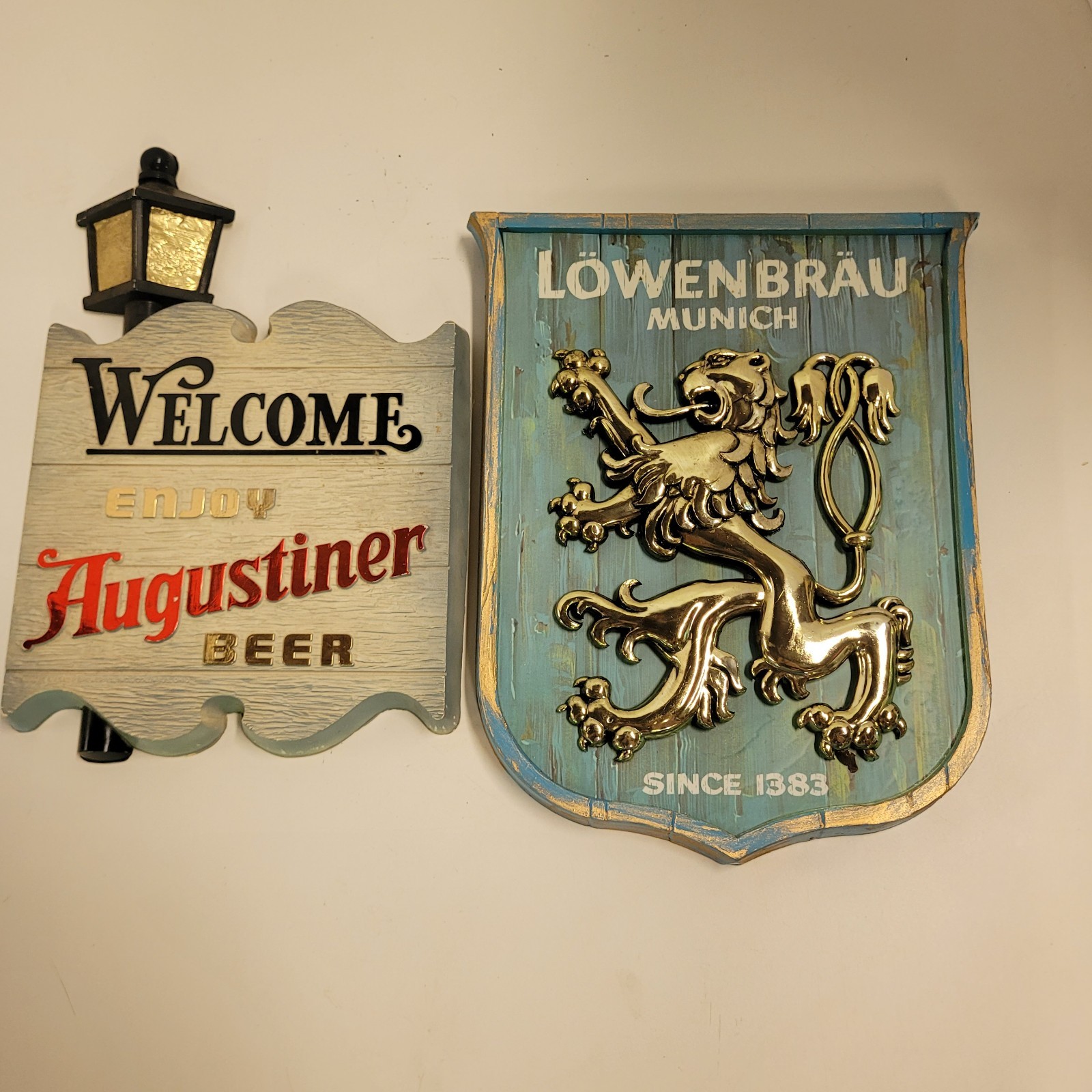 Vintage 1969 Lowenbrau Munich Since 1383 Plastic Wall Hanger 3D, and Augustiner 
