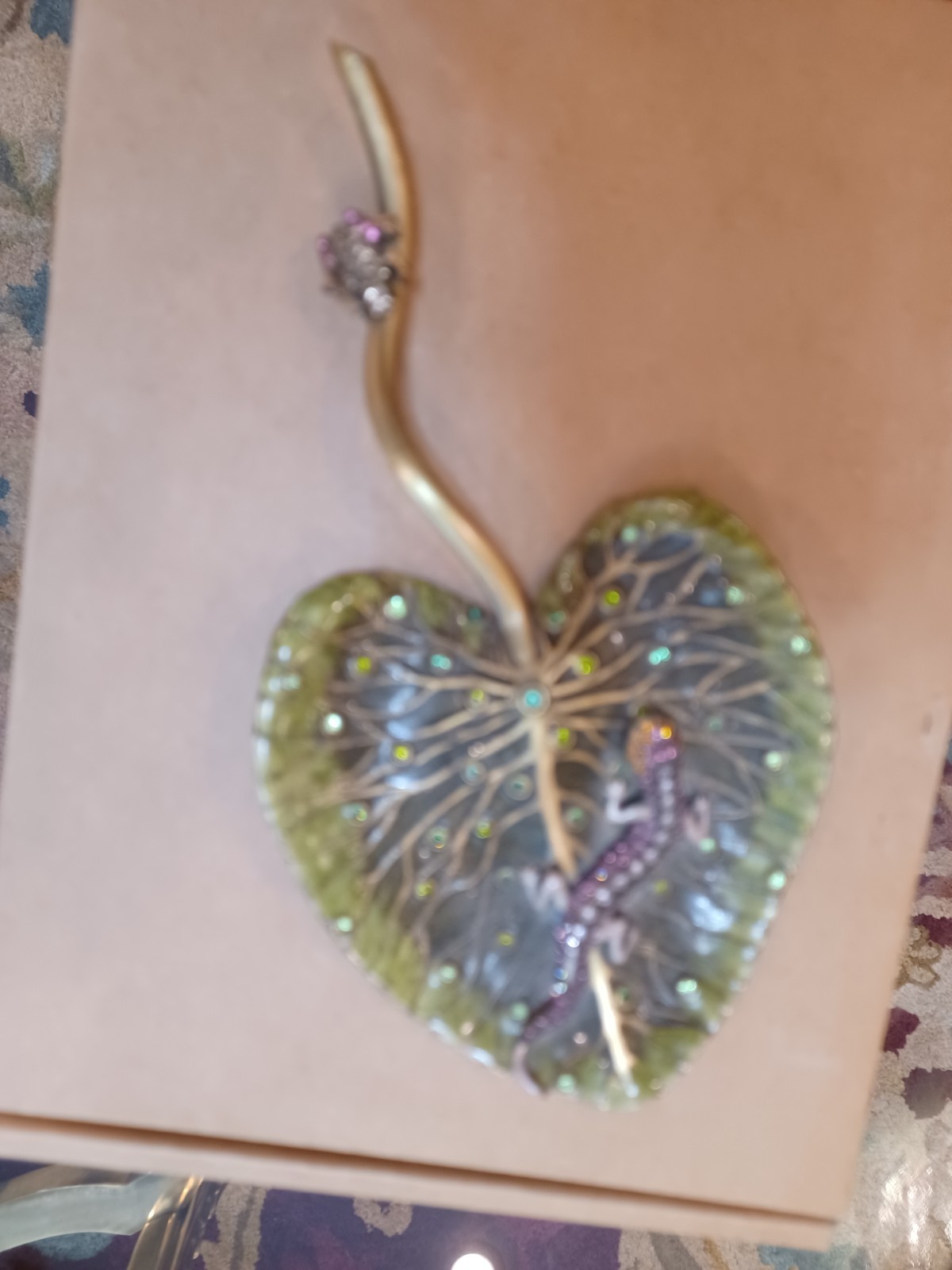 Jay Strongwater Frog and Lizzard on Enamelled and Jeweled Leaf, 7 inches x...