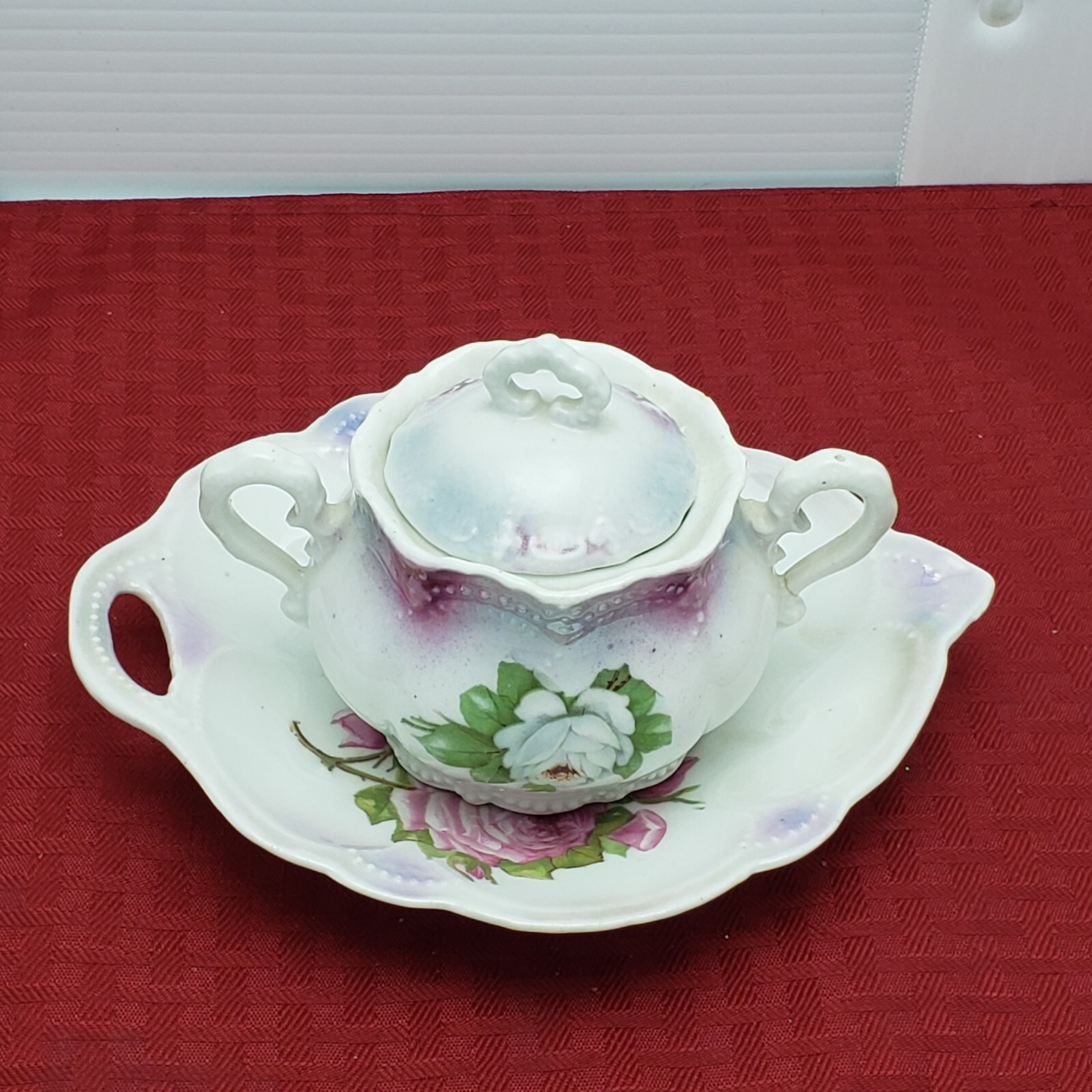 Leuchtenburg Germany Floral Sugar Bowl w/ Lid and Tray White Green and Lavender