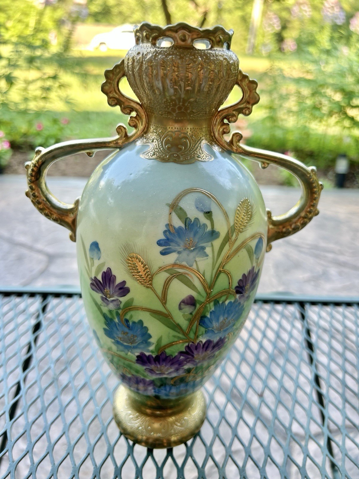 Vintage Hand Painted Japan Porcelain Vase Bronze Tone Double Handles Floral Vintage Hand Painted Japan Porcelain Vase Bronze Tone Double Handles Floral