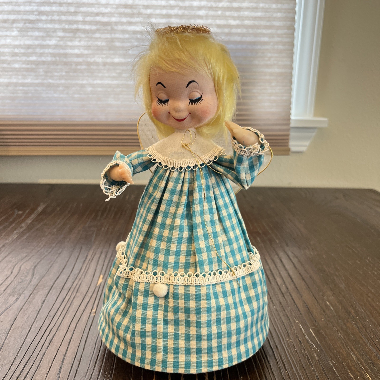 Vtg Christmas Angel Doll Spinning Music Box Figure Japan Pixie Blonde MCM Wings