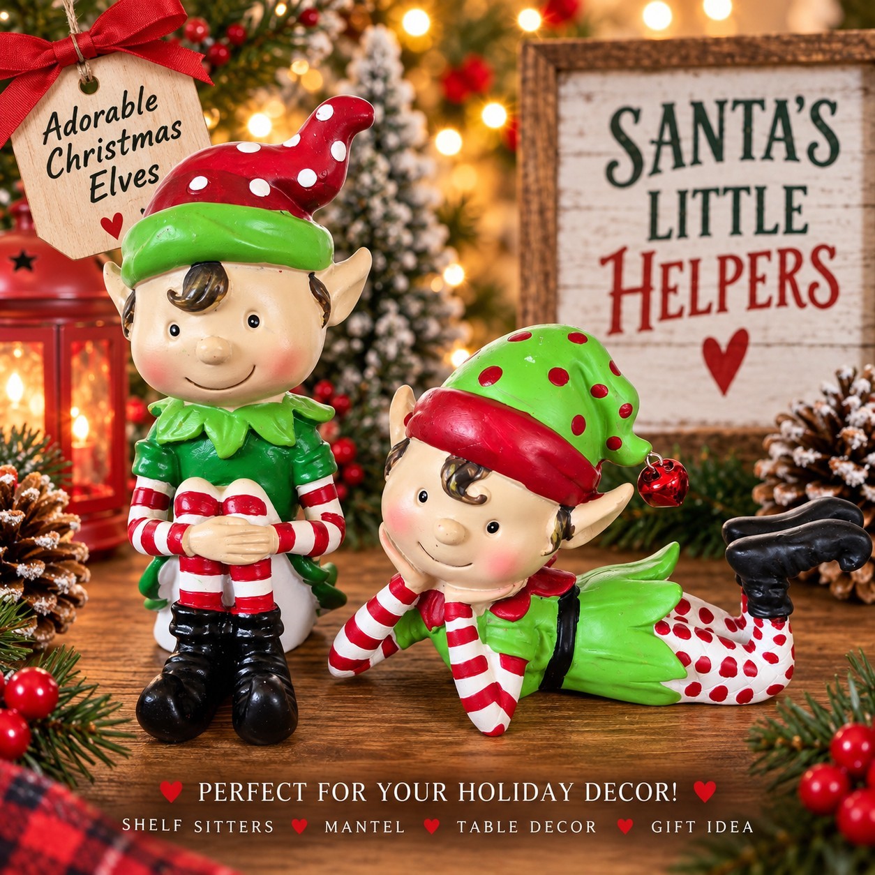 Christmas Elf Figurines Pair Shelf Sitters Red Green Polka Dot Holiday Decor