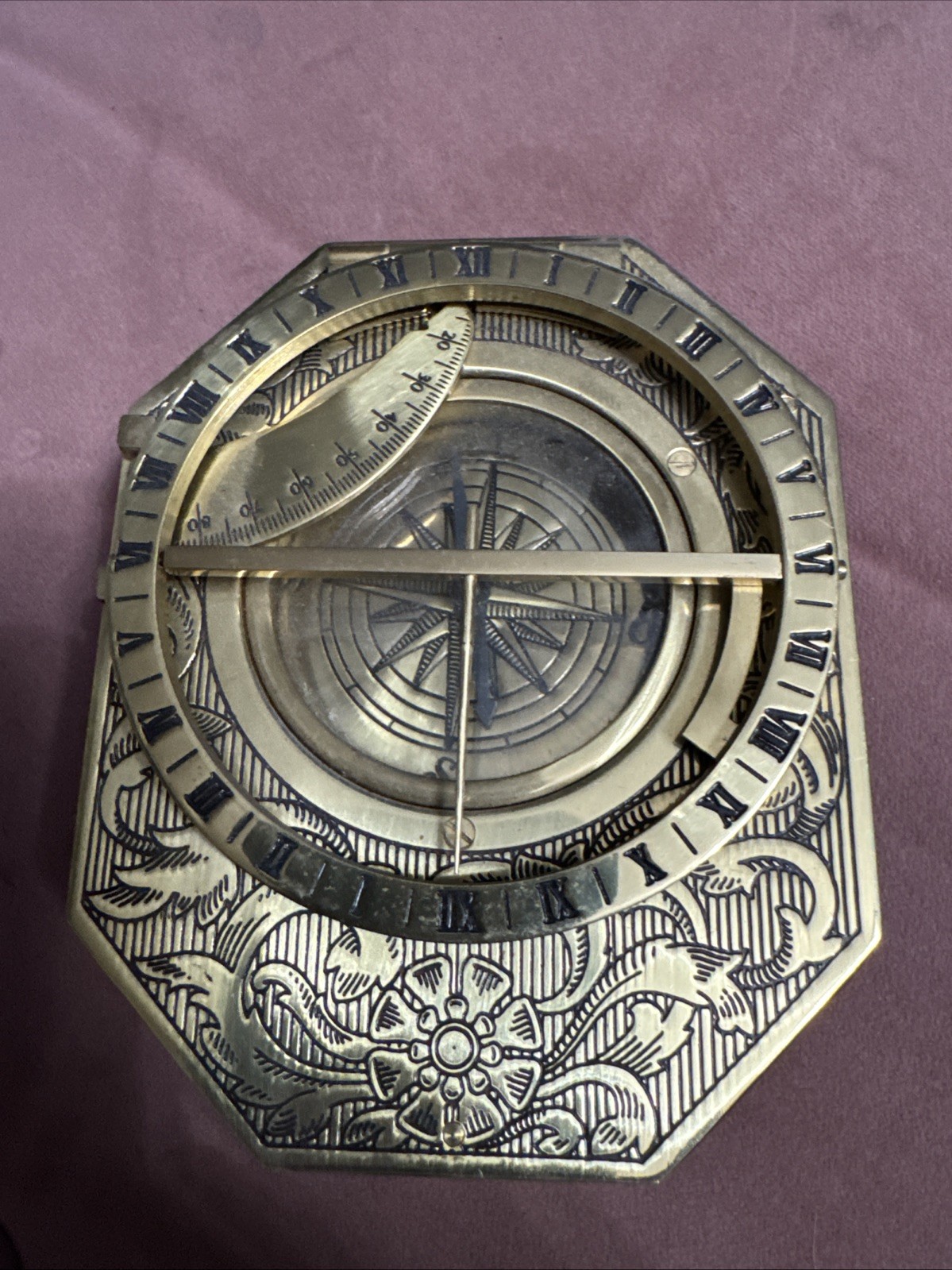 Franklin Mint Universal Sundial Compass Nautical Octagon Wood Base Metal