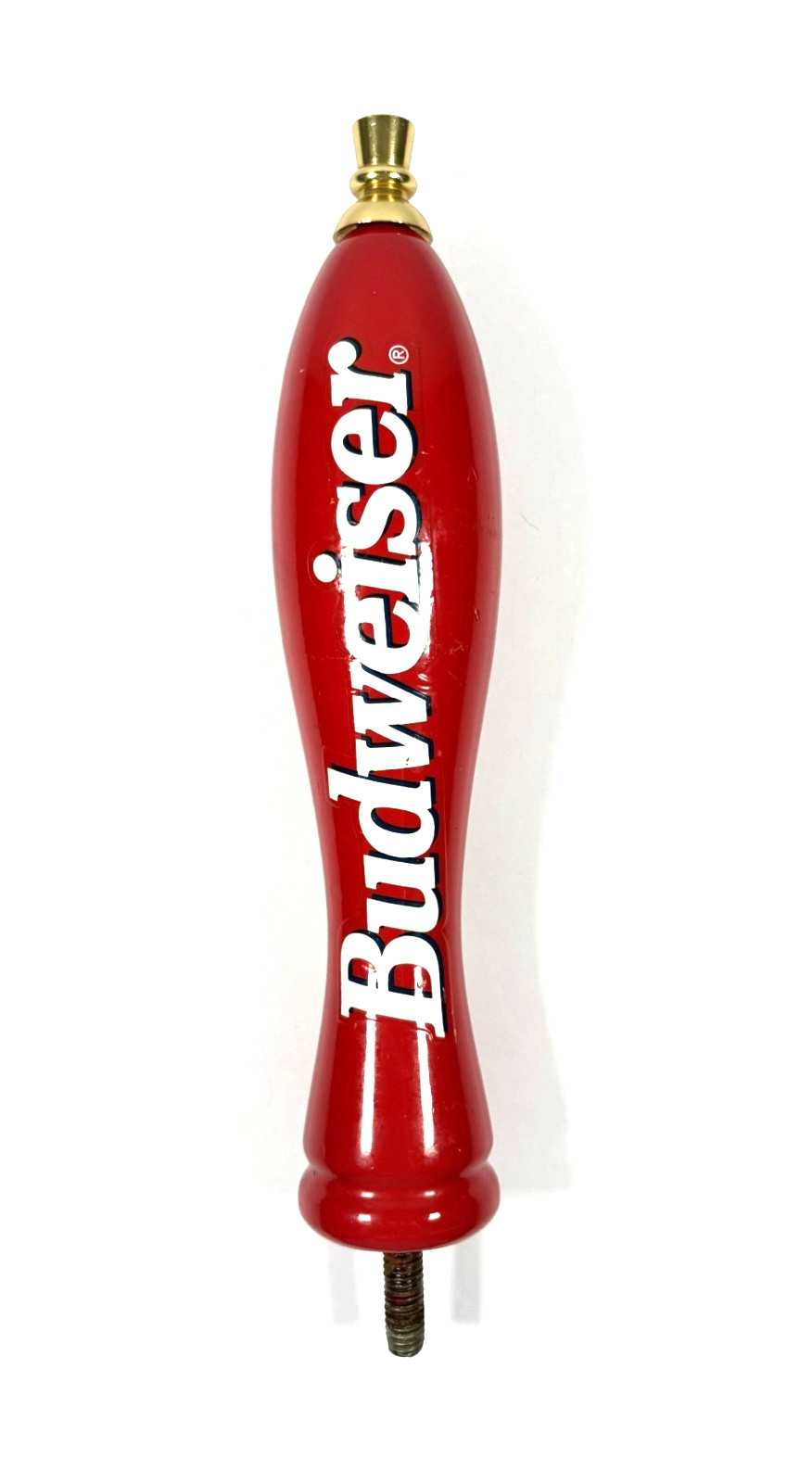 Vtg Red Budweiser Beer Tap Handle 12” White Script Threaded Base Gold 