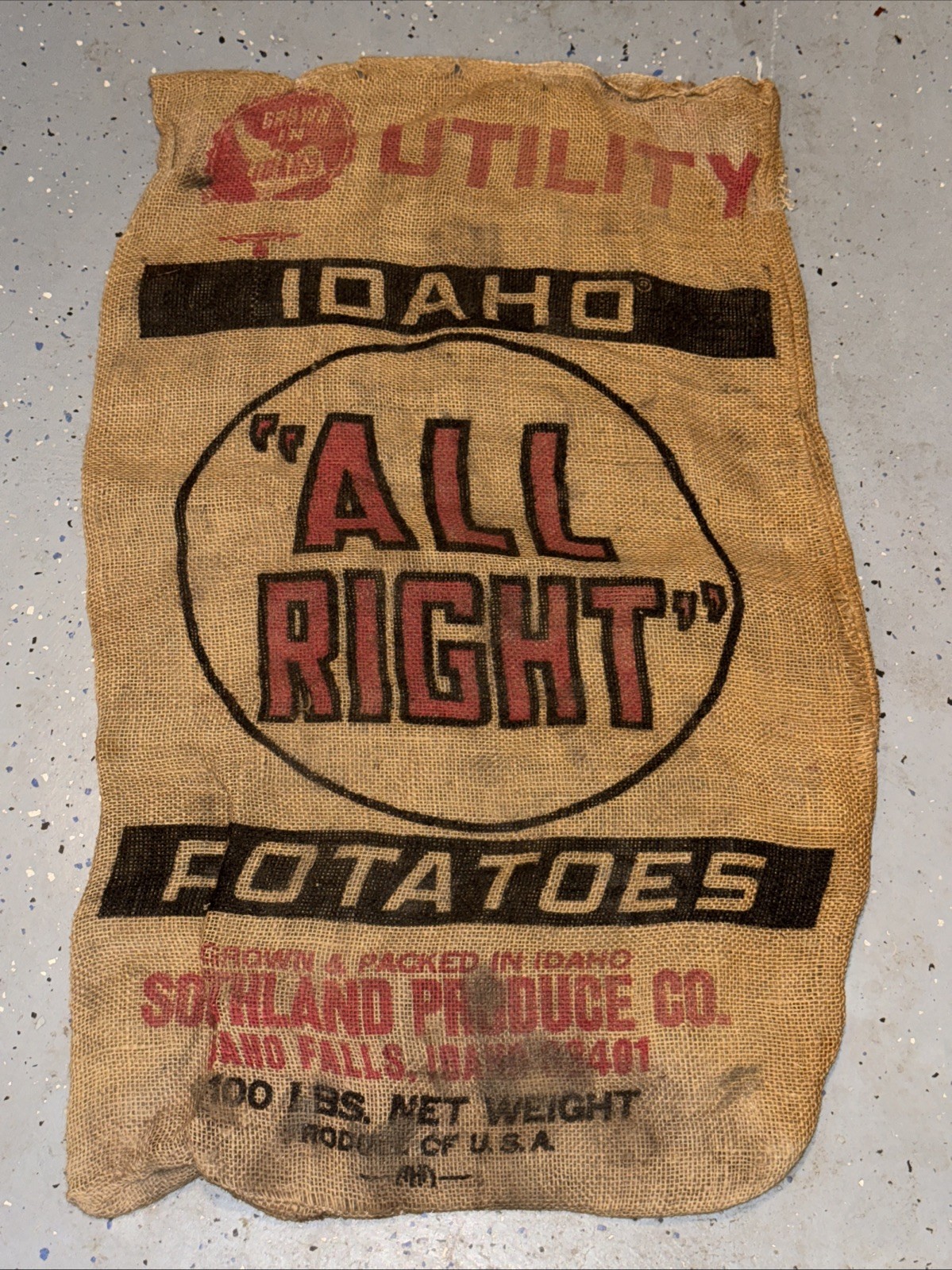 VTG All Right Utility Idaho Potato Burlap Bag 100 lbs Gunny Sack Rare Antique