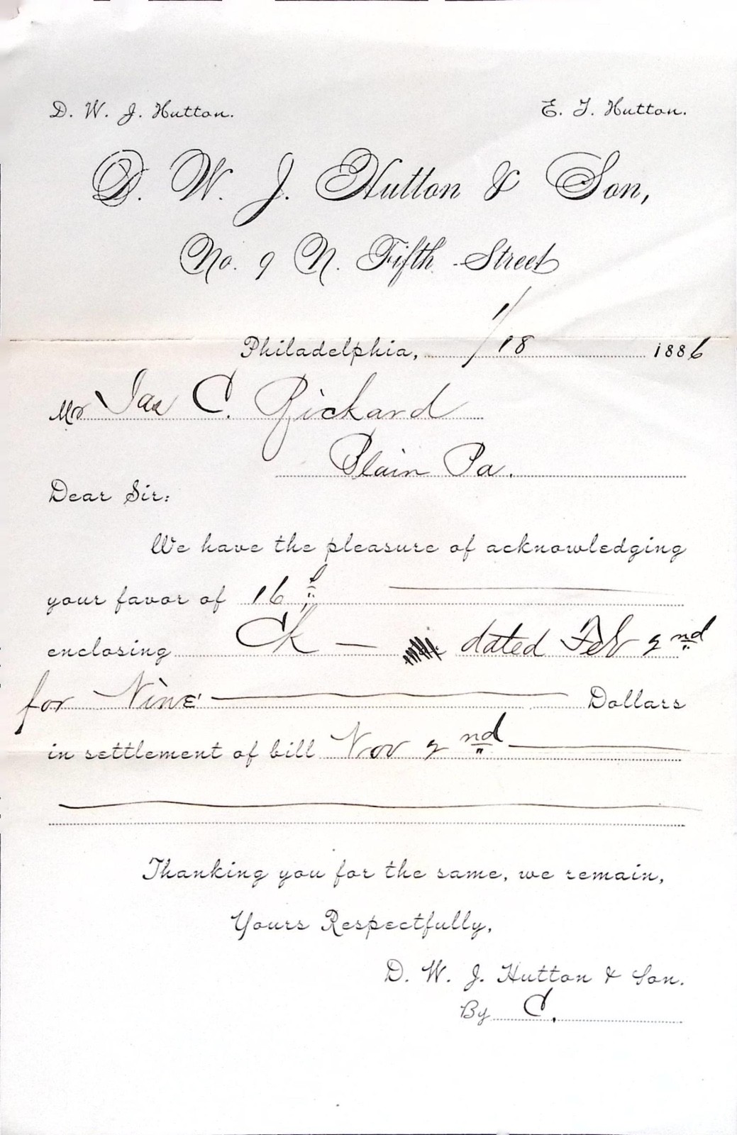1886 D.W.J. Hutton & Son Philadelphia Business Letter Plain Pennsylvania 1886 D.W.J. Hutton & Son Philadelphia Business Letter Plain Pennsylvania