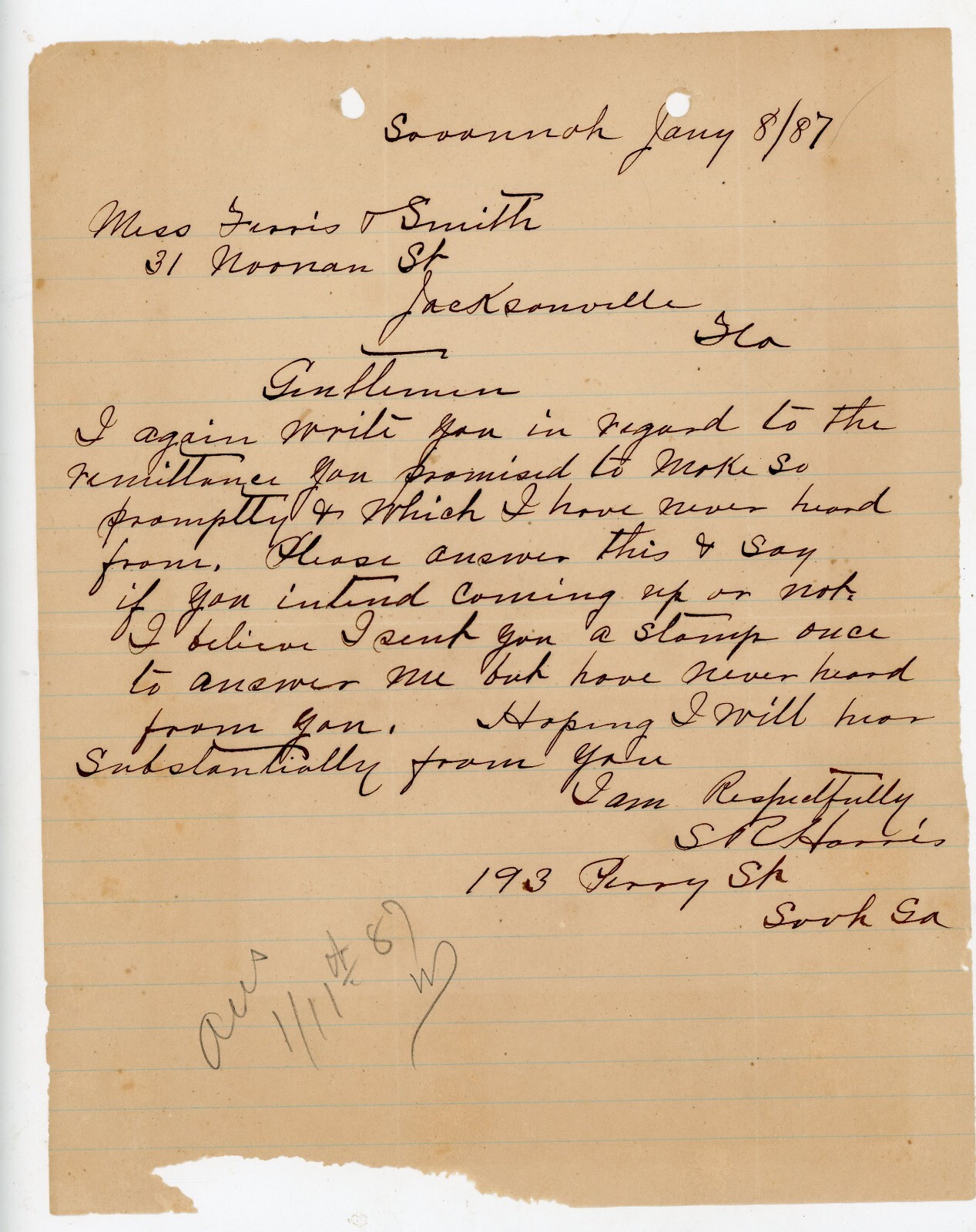 1887 Savannah GA Letter to Jacksonville FL Unanswered Payment Promise SR Harris
