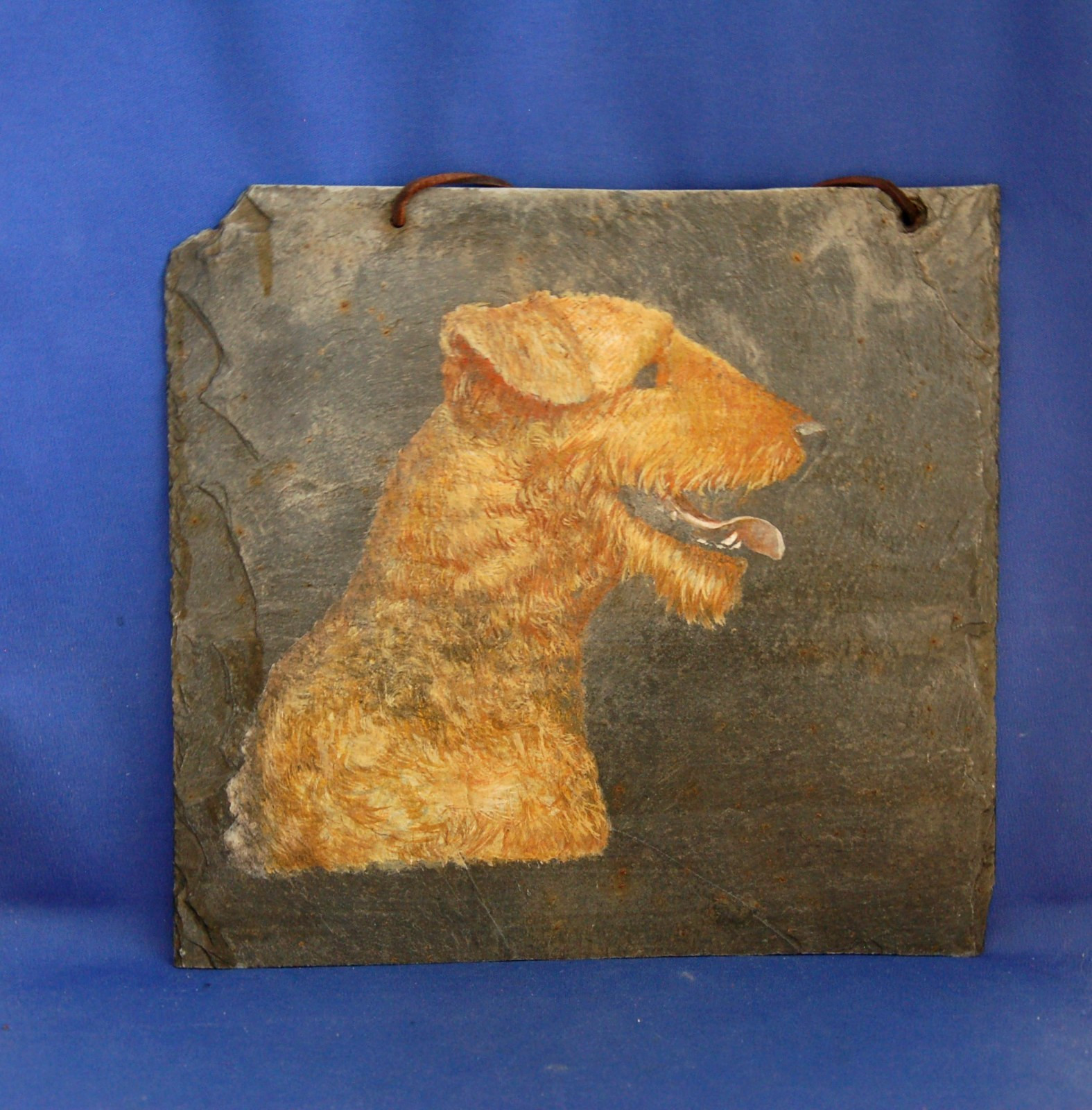 A character vintage painting on slate, Welsh Terrier dog plaque, hand painted
