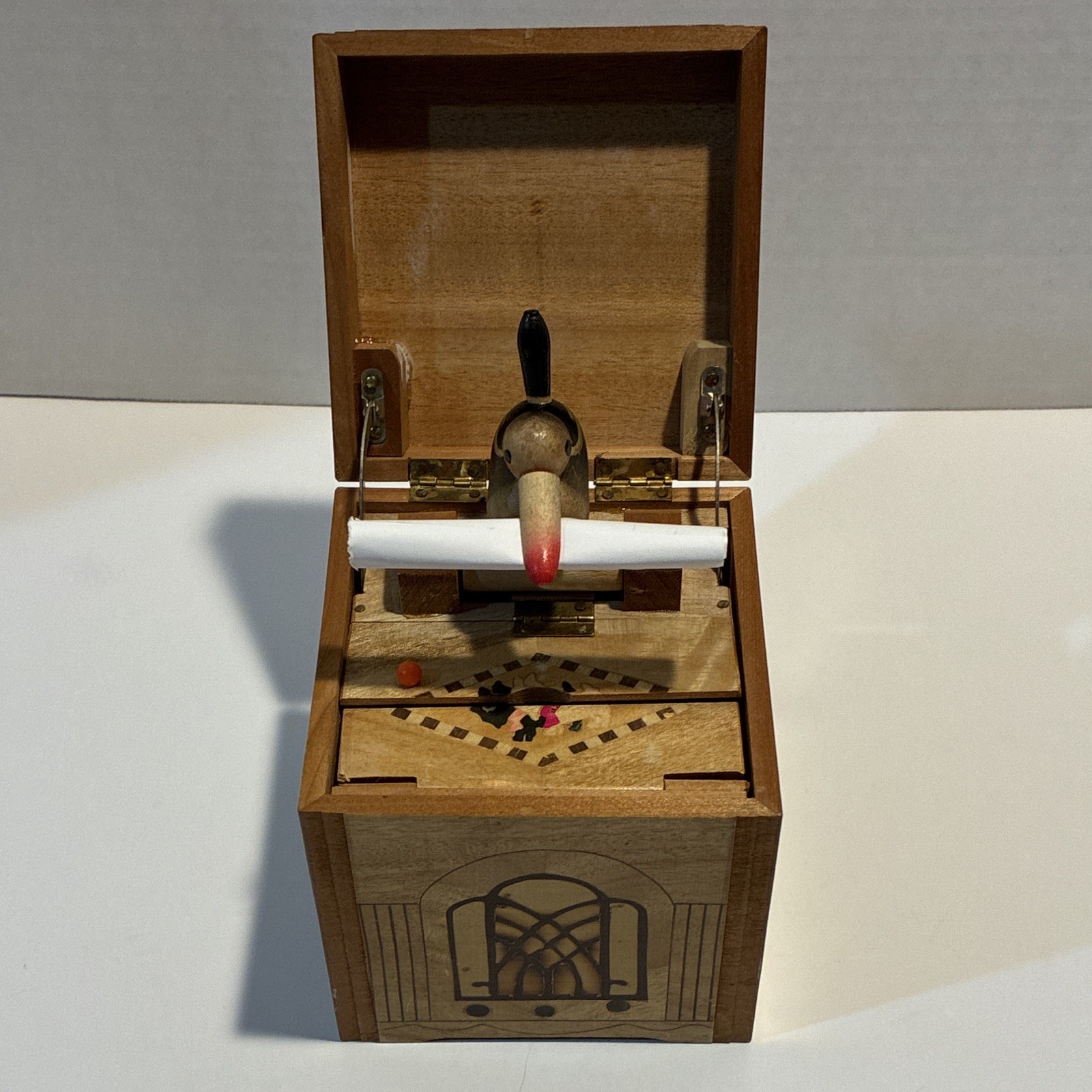 VTG Japanese Mechanical Bird Cigarette Dispenser Box Art Deco Radio Wood WORKING