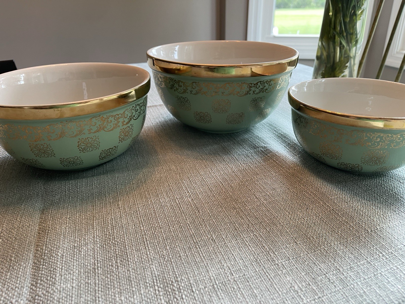 Vintage HALL CHINA 091GL Gold Label Medallion Green Gold 3 Pc Nesting Bowl Set