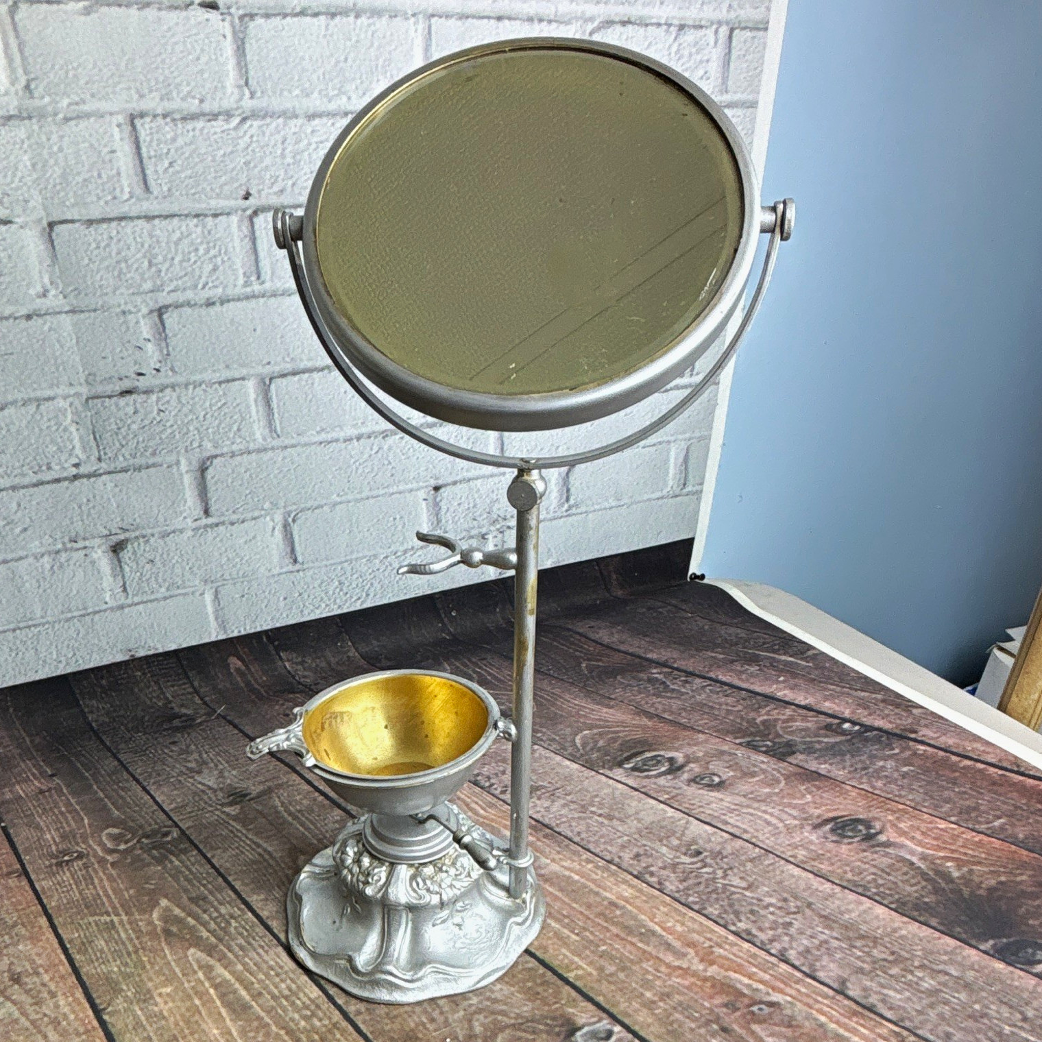 Antique Shaving Mirror Table Top Rare With Heating Burner 