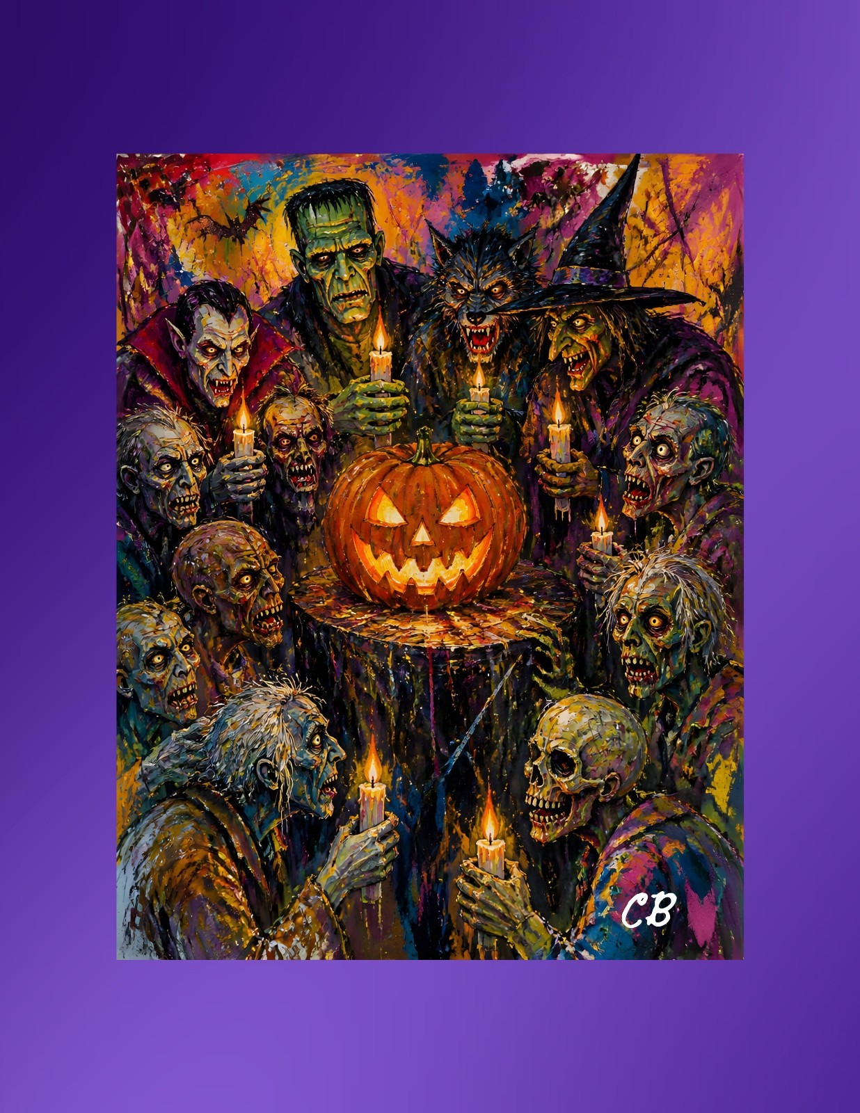 Classic Monsters Halloween Gathering ACEO Giclee | Halloween Hollow Folk Art