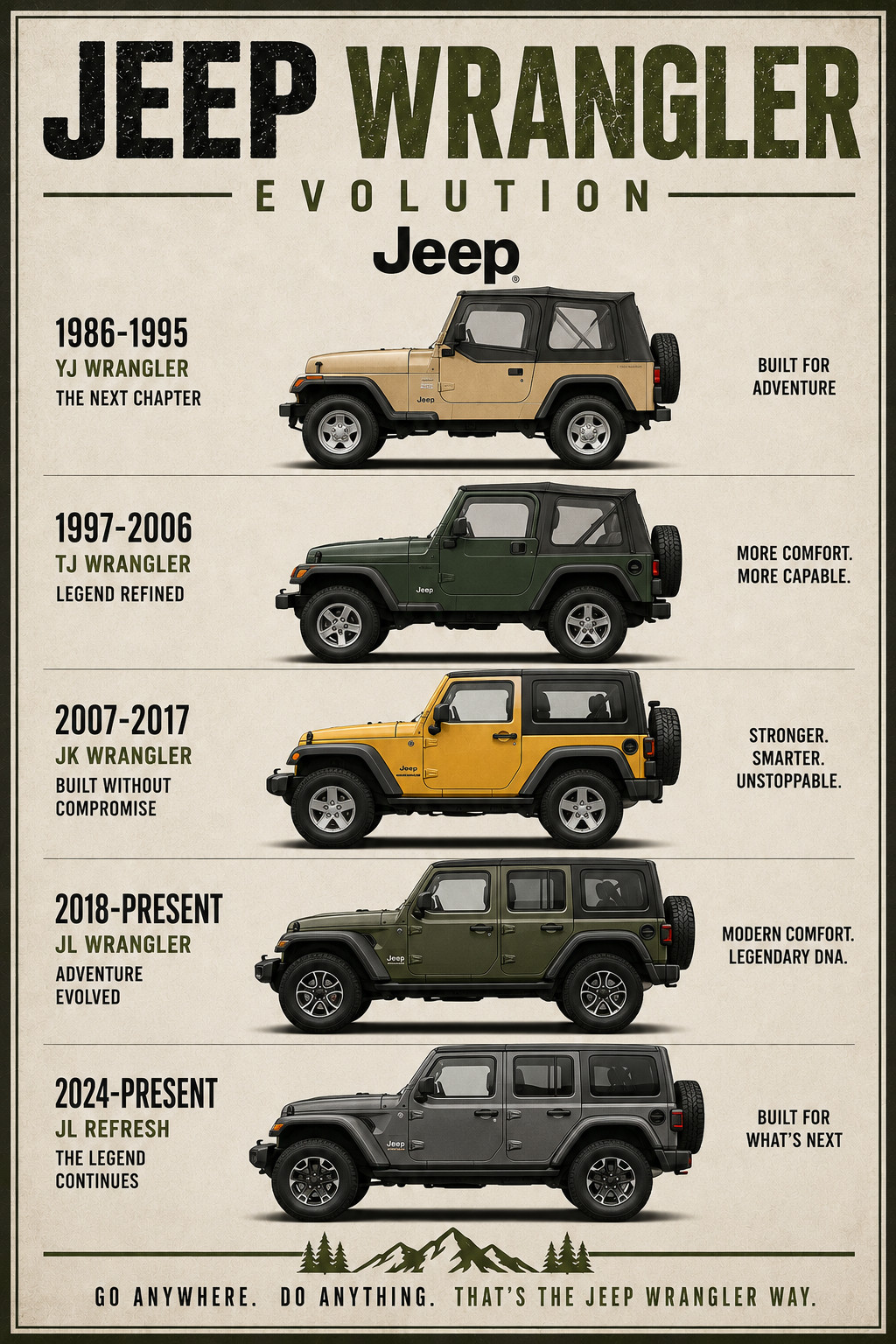 Jeep Wrangler Evolution Poster YJ TJ JK JL Off-Road Wall Art Print 13x19